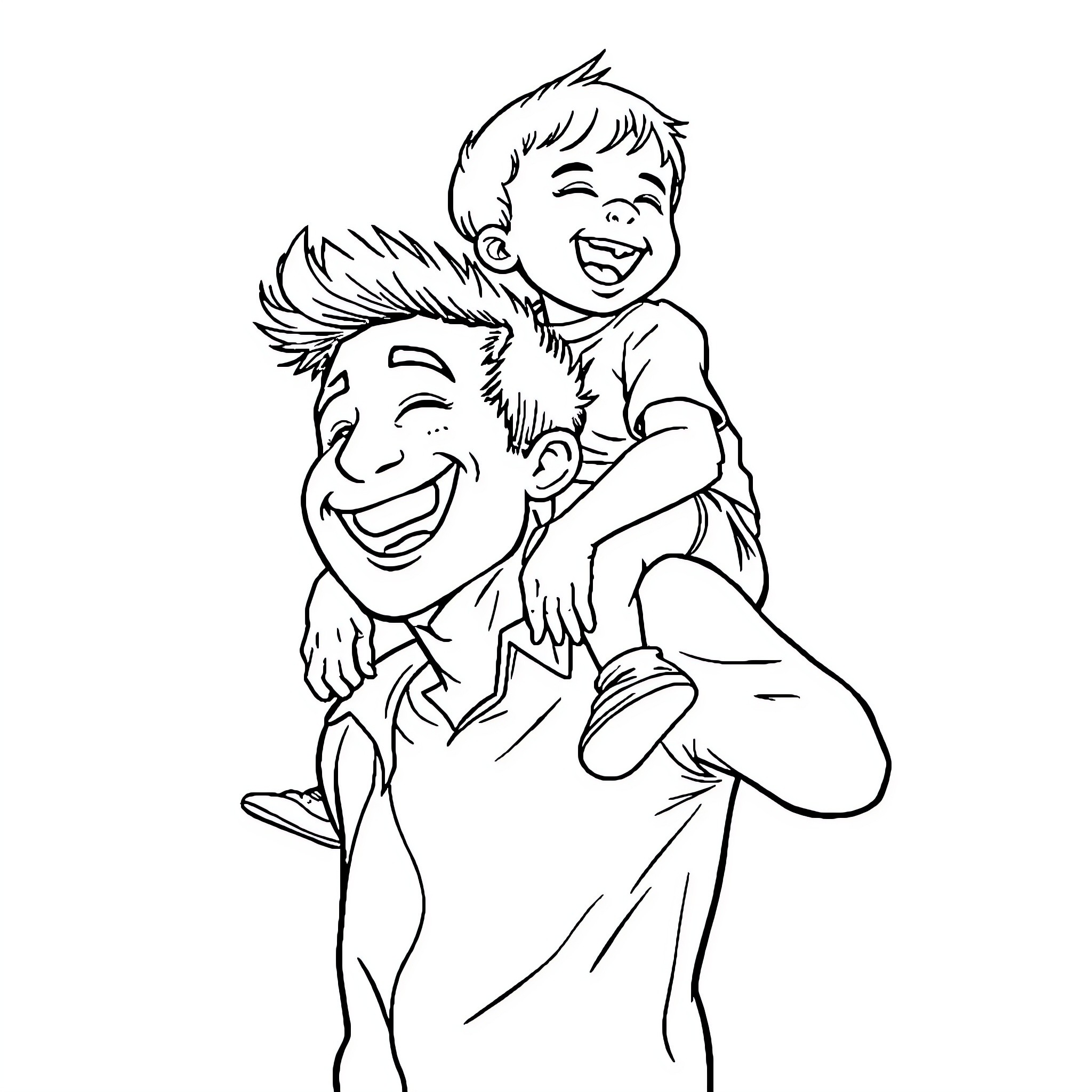 Man giving piggyback ride to smiling child Coloring Page (free black-and-white line drawing printable PDF for all, from beginners to advanced learners, including children, teens, adults, and seniors)