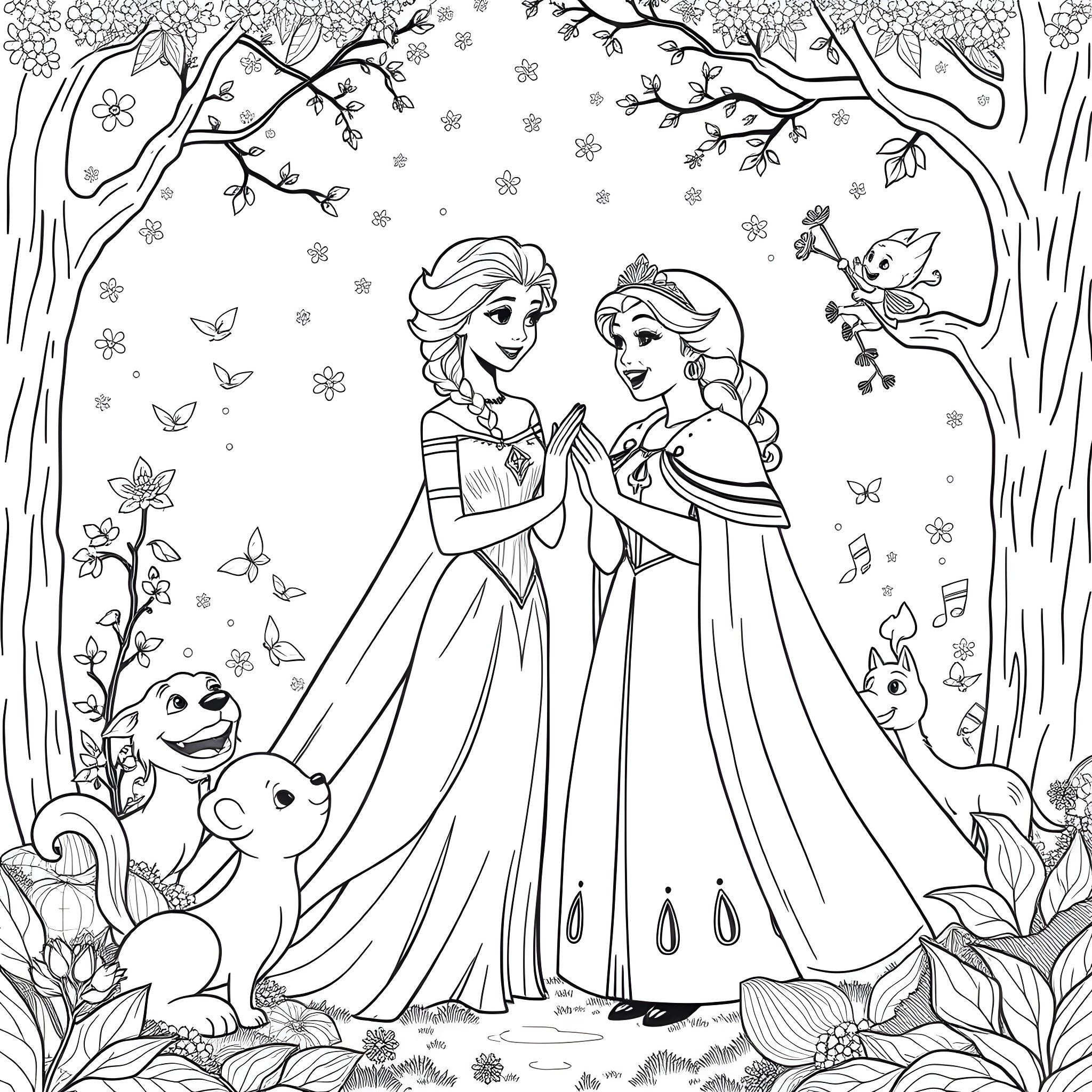 Elsa and Anna in a Winter Wonderland Coloring Page (free black-and-white line drawing printable PDF for all, from beginners to advanced learners, including children, teens, adults, and seniors)