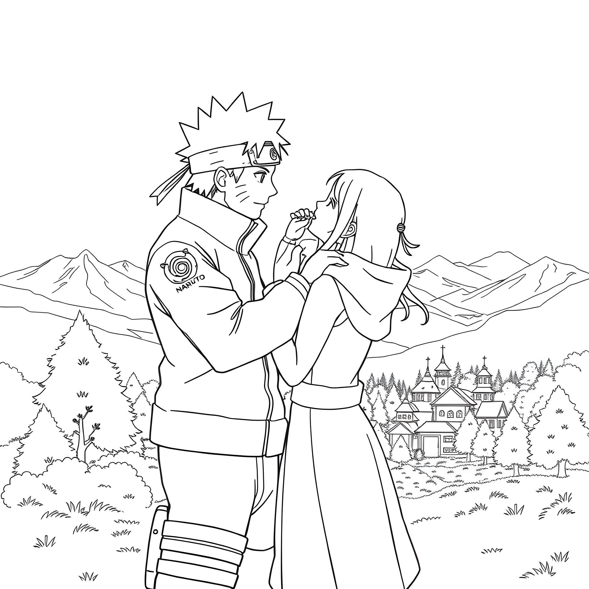 Naruto characters in tender embrace against scenic landscape Coloring Page (free black-and-white line drawing printable PDF for all, from beginners to advanced learners, including children, teens, adults, and seniors)