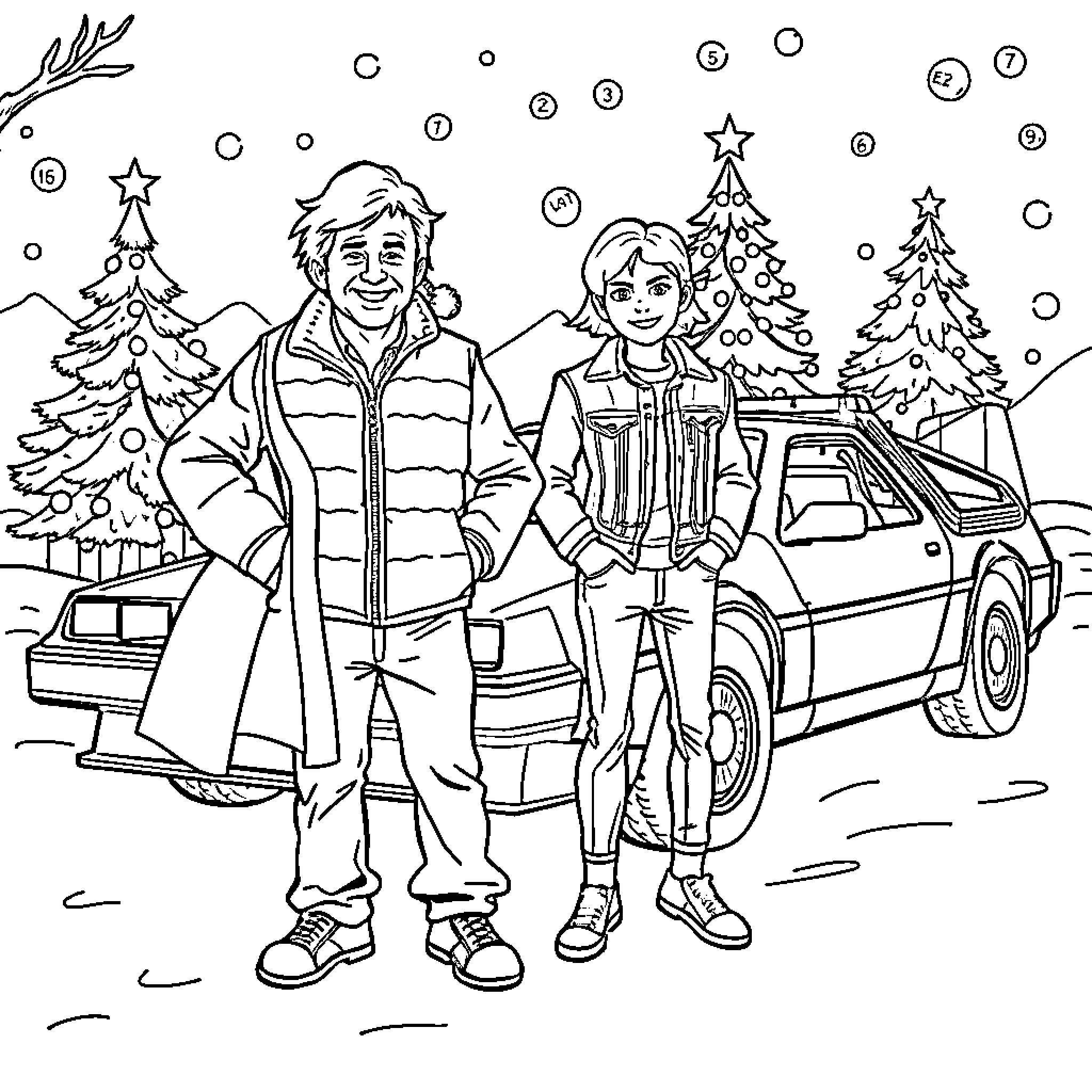 Doc Brown and Marty explore a snowy winter wonderland Coloring Page (free black-and-white line drawing printable PDF for all, from beginners to advanced learners, including children, teens, adults, and seniors)