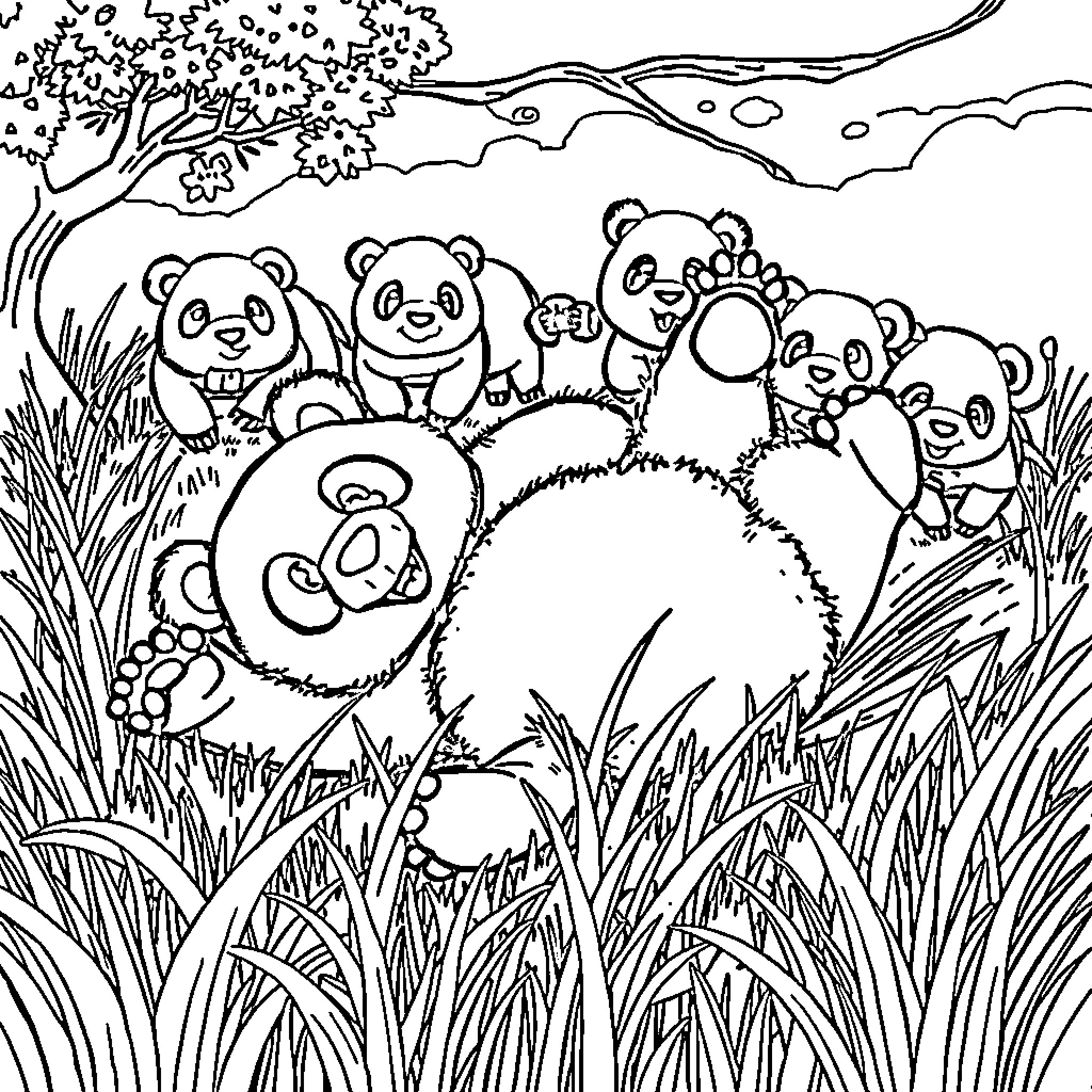 Panda family enjoying nature in the park Coloring Page (free black-and-white line drawing printable PDF for all, from beginners to advanced learners, including children, teens, adults, and seniors)