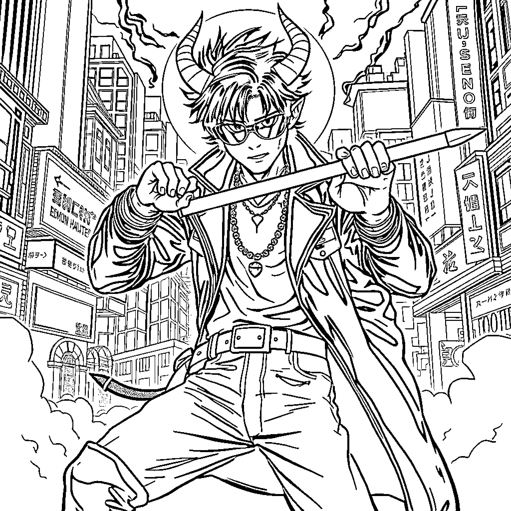 Demon Hunter Battles in Chaotic City Streets Coloring Page (free black-and-white line drawing printable PDF for all, from beginners to advanced learners, including children, teens, adults, and seniors)