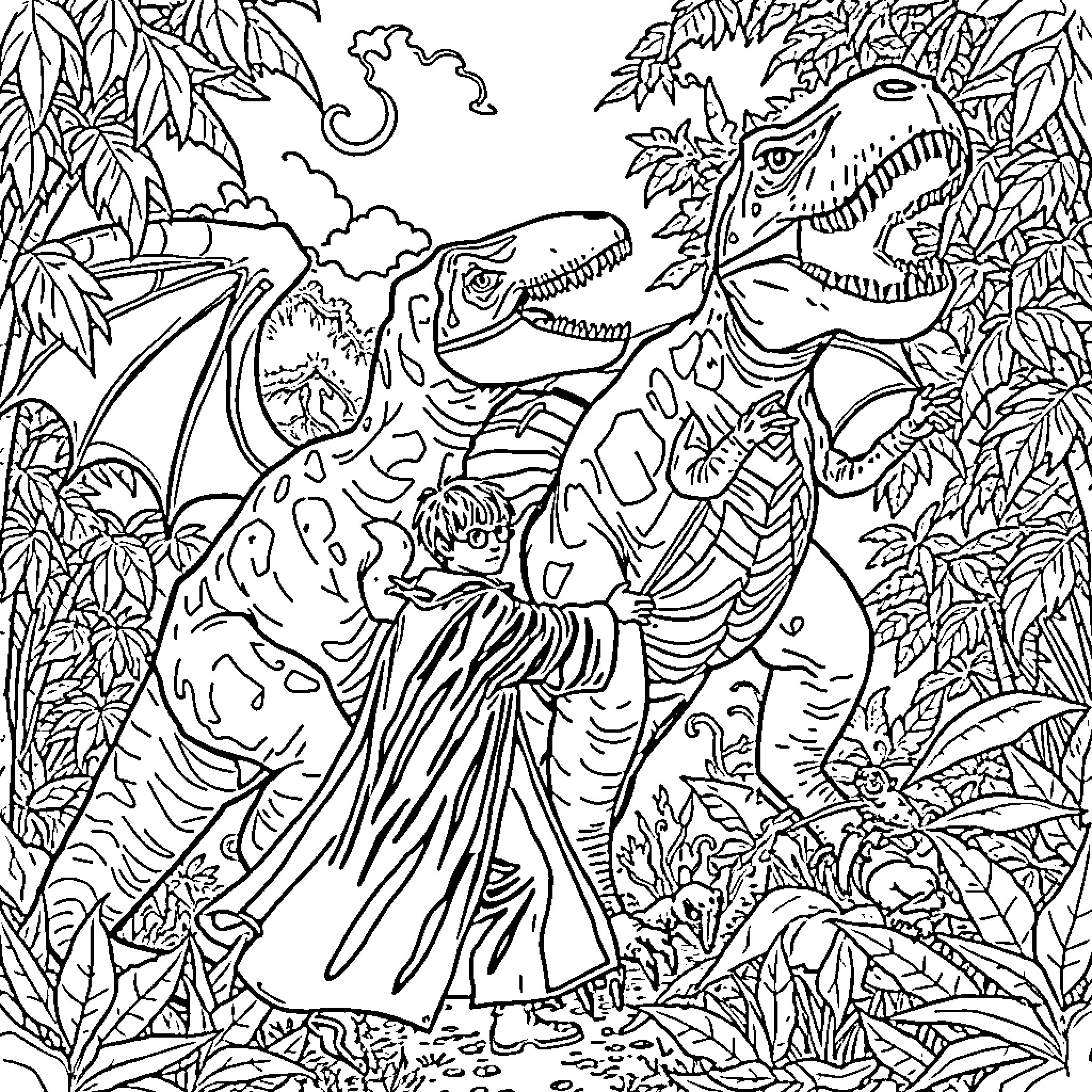 Dinosaurs battling in the prehistoric jungle Coloring Page (free black-and-white line drawing printable PDF for all, from beginners to advanced learners, including children, teens, adults, and seniors)