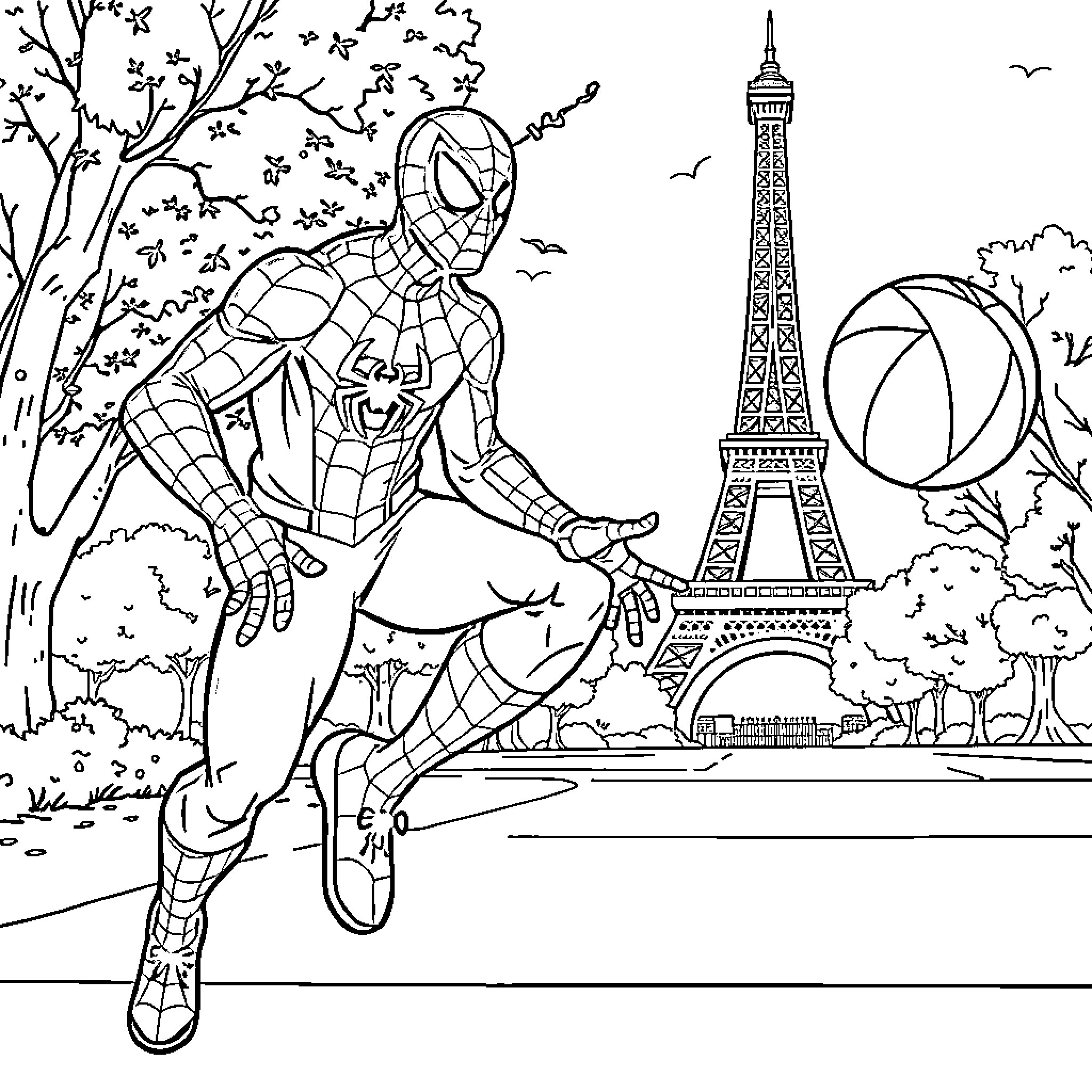 Spiderman's Parisian Adventure Coloring Page (free black-and-white line drawing printable PDF for all, from beginners to advanced learners, including children, teens, adults, and seniors)