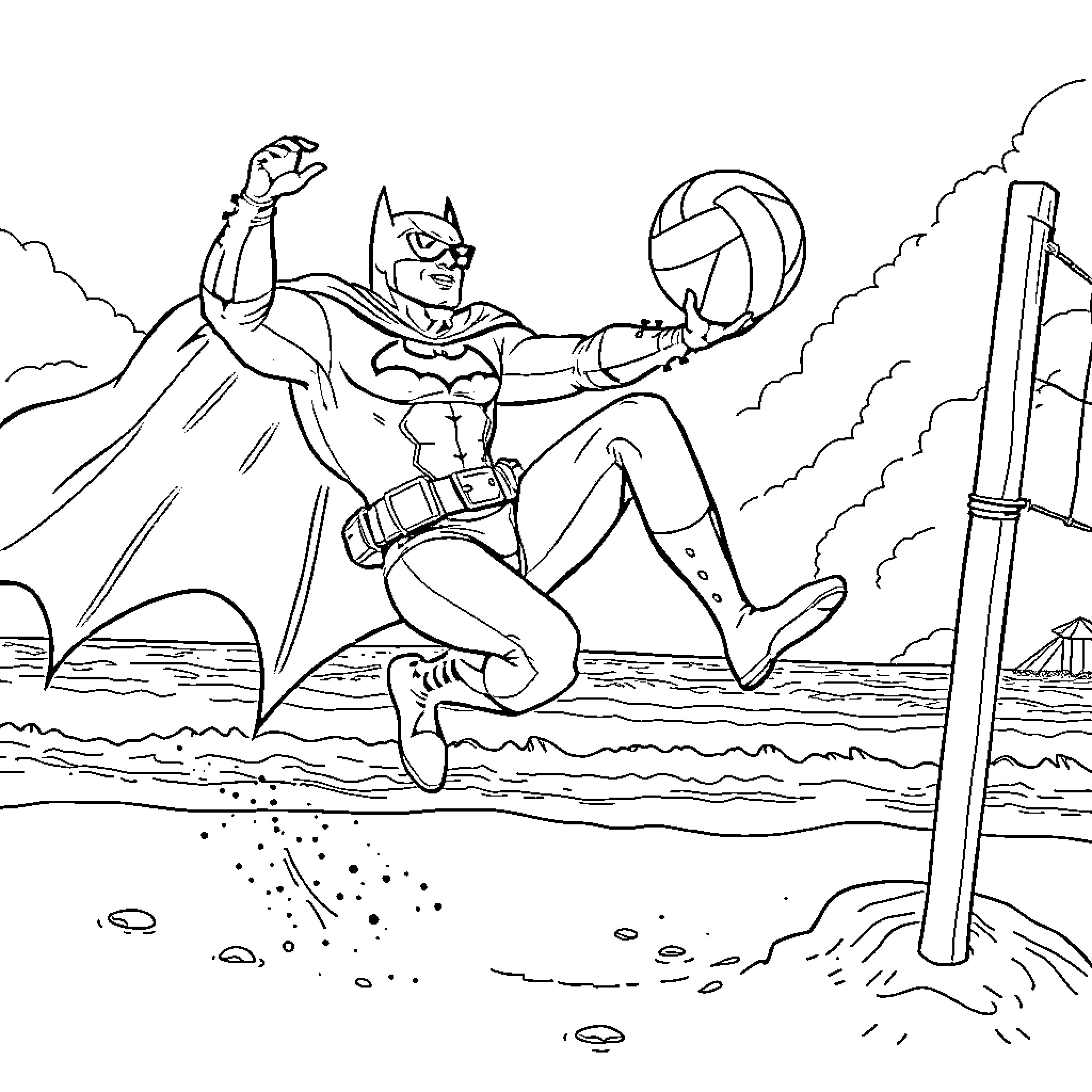 Batman jumping heroically into action Coloring Page (free black-and-white line drawing printable PDF for all, from beginners to advanced learners, including children, teens, adults, and seniors)