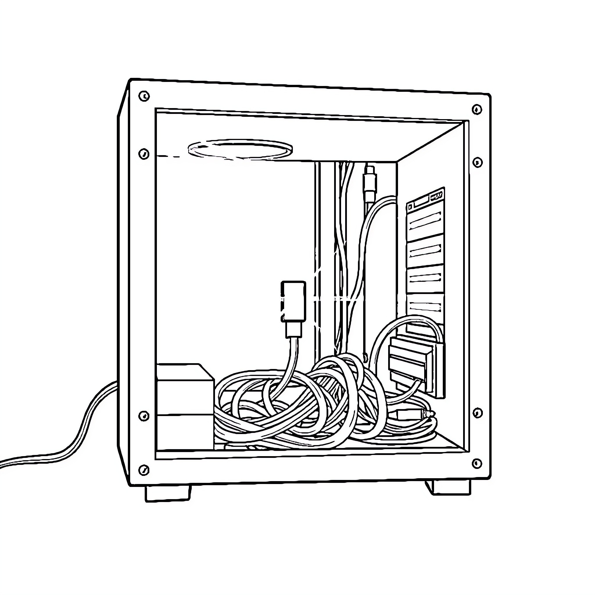 PC Case with Tangled Cables and Accessories Coloring Page (free black-and-white line drawing printable PDF for all, from beginners to advanced learners, including children, teens, adults, and seniors)
