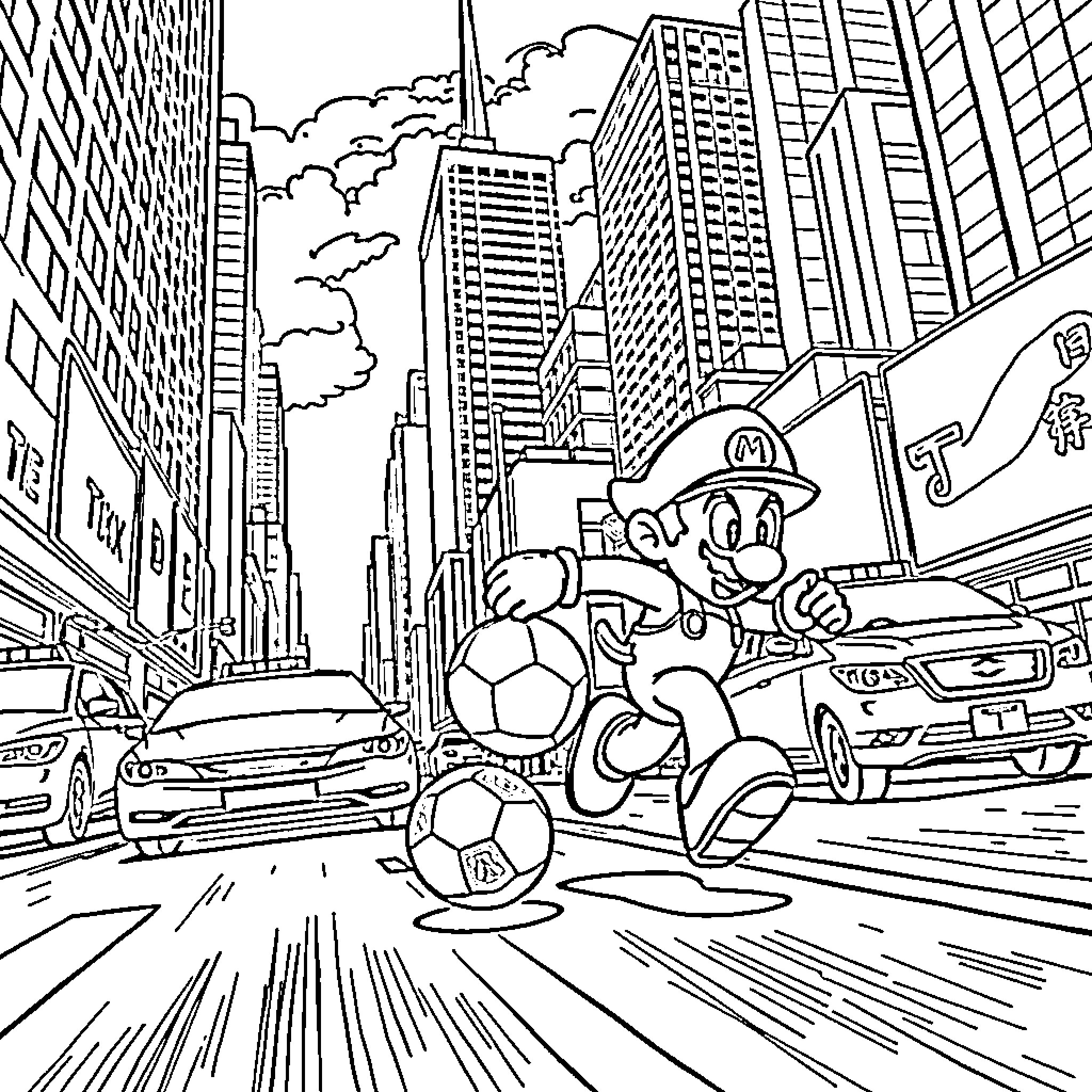 Mario Dribbling Soccer Ball in Busy City Street Coloring Page (free black-and-white line drawing printable PDF for all, from beginners to advanced learners, including children, teens, adults, and seniors)