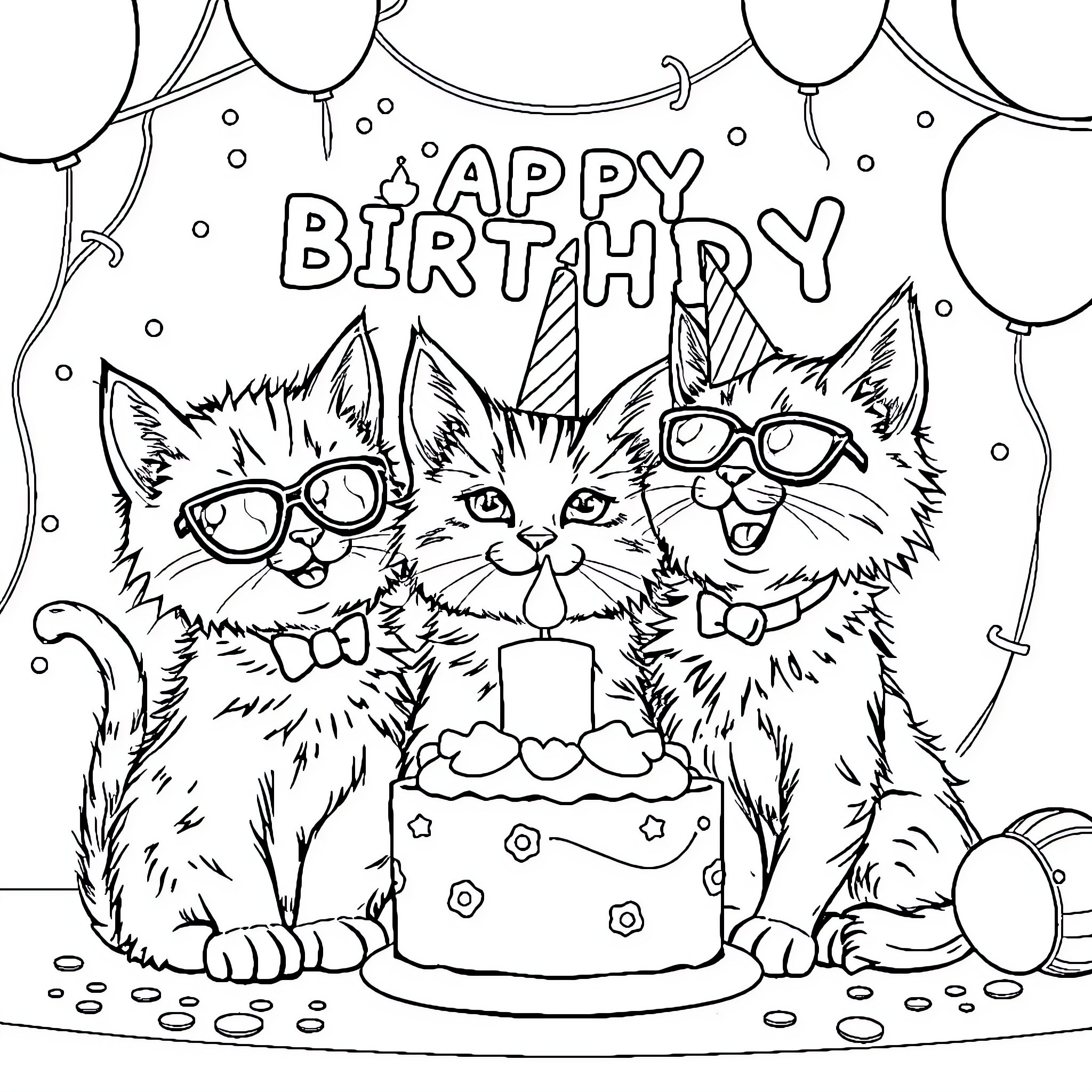 Kitty Cats Celebrating a Happy Birthday Coloring Page (free black-and-white line drawing printable PDF for all, from beginners to advanced learners, including children, teens, adults, and seniors)