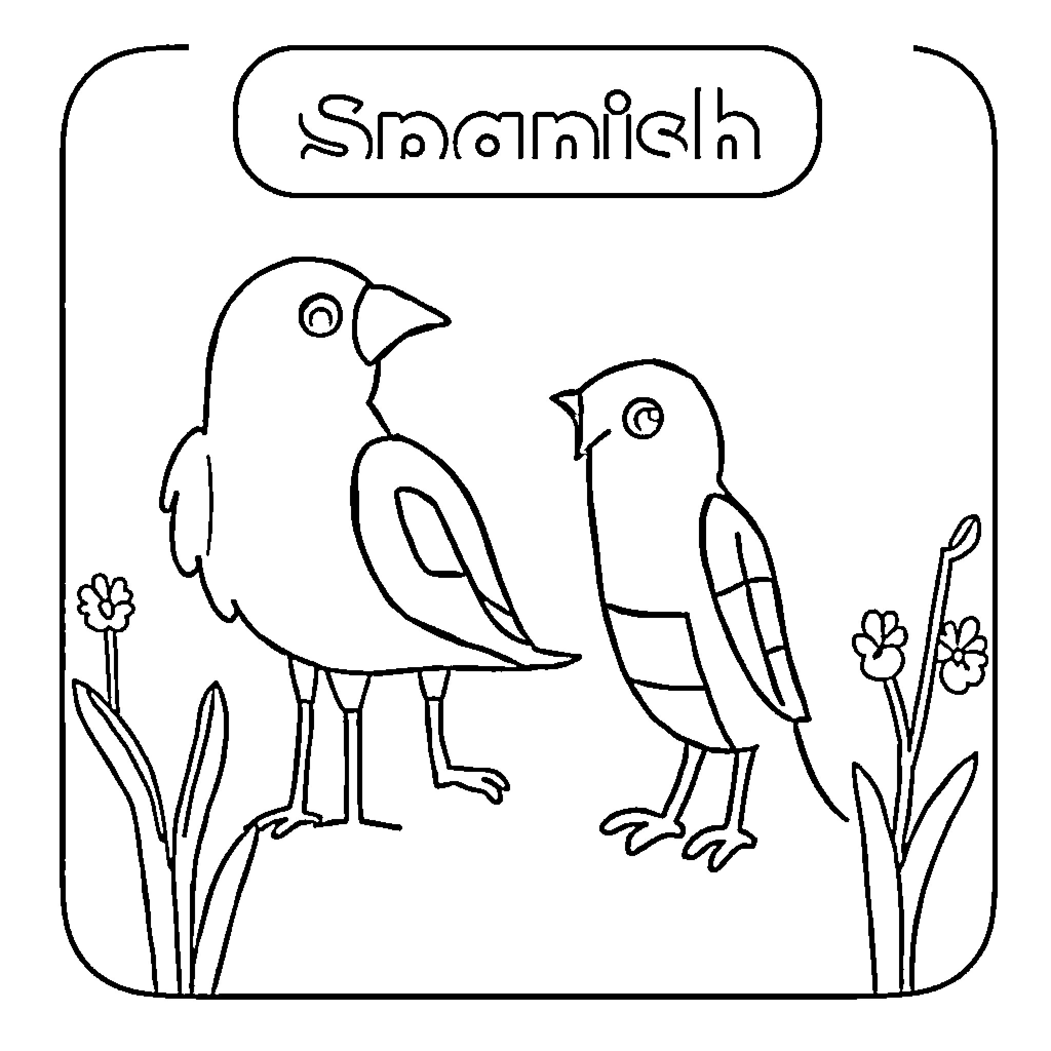Spanish birds in a simple floral scene Coloring Page (free black-and-white line drawing printable PDF for all, from beginners to advanced learners, including children, teens, adults, and seniors)