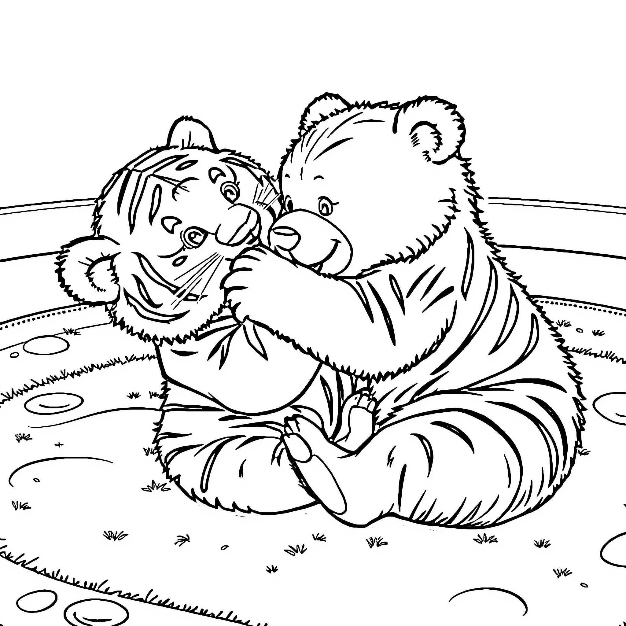 Bear Playing Playfully in the Meadow Coloring Page (free black-and-white line drawing printable PDF for all, from beginners to advanced learners, including children, teens, adults, and seniors)