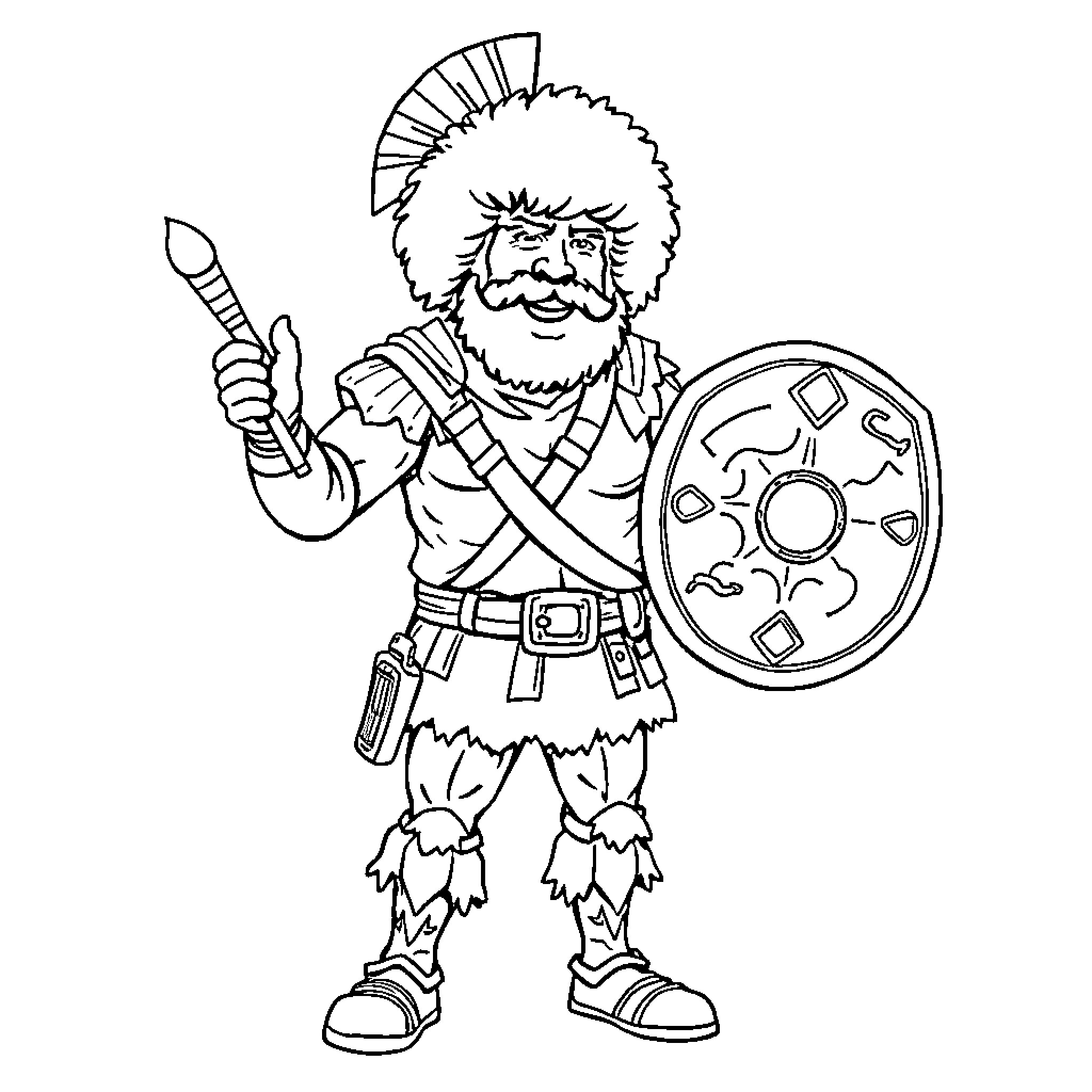 Bob Ross Painting Warrior Costume with Shield Coloring Page (free black-and-white line drawing printable PDF for all, from beginners to advanced learners, including children, teens, adults, and seniors)