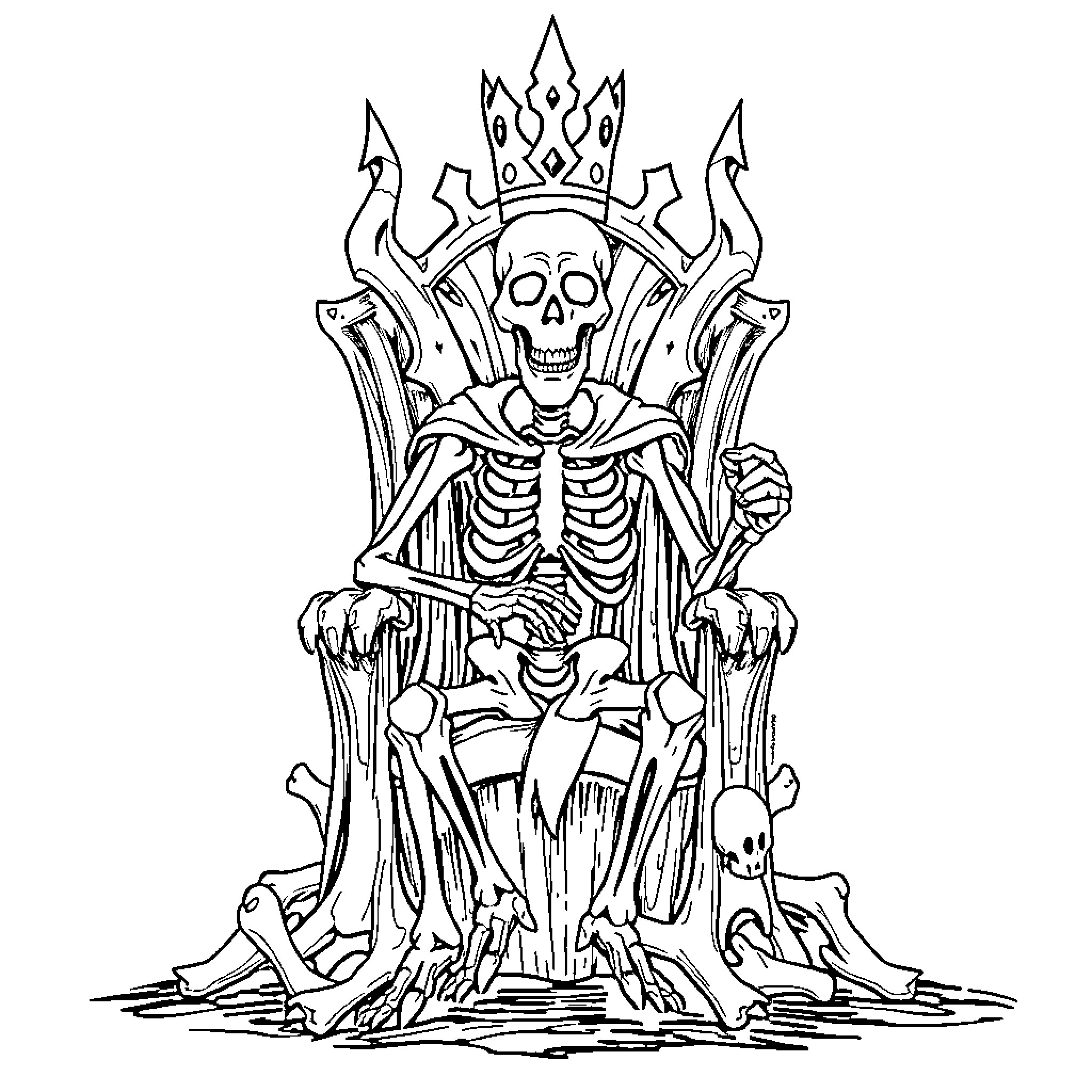 Skeleton King on Bone Throne Coloring Page (free black-and-white line drawing printable PDF for all, from beginners to advanced learners, including children, teens, adults, and seniors)