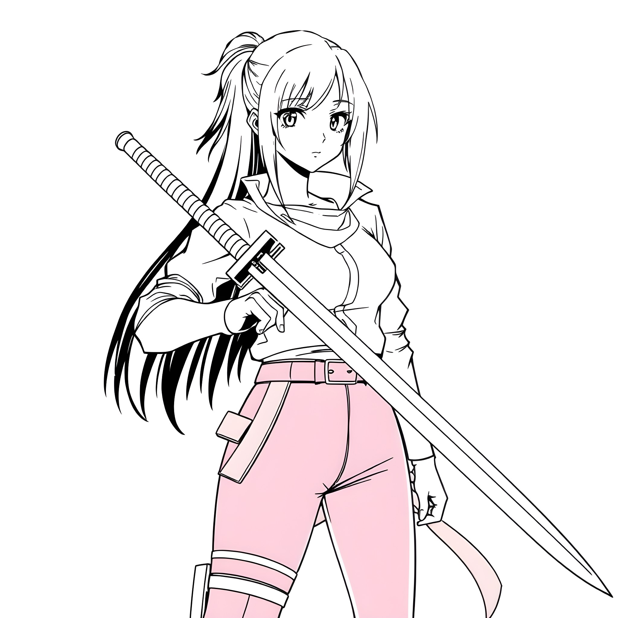 Mikasa Ackerman wielding a sword with determined expression Coloring Page (free black-and-white line drawing printable PDF for all, from beginners to advanced learners, including children, teens, adults, and seniors)