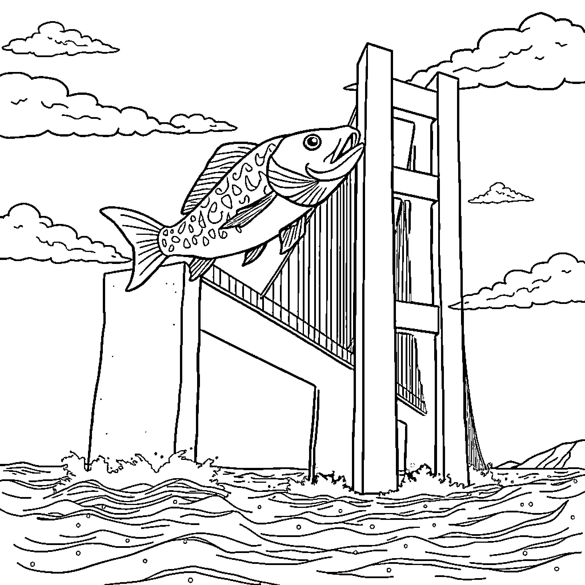 Fish jumping over a bridge Coloring Page (free black-and-white line drawing printable PDF for all, from beginners to advanced learners, including children, teens, adults, and seniors)