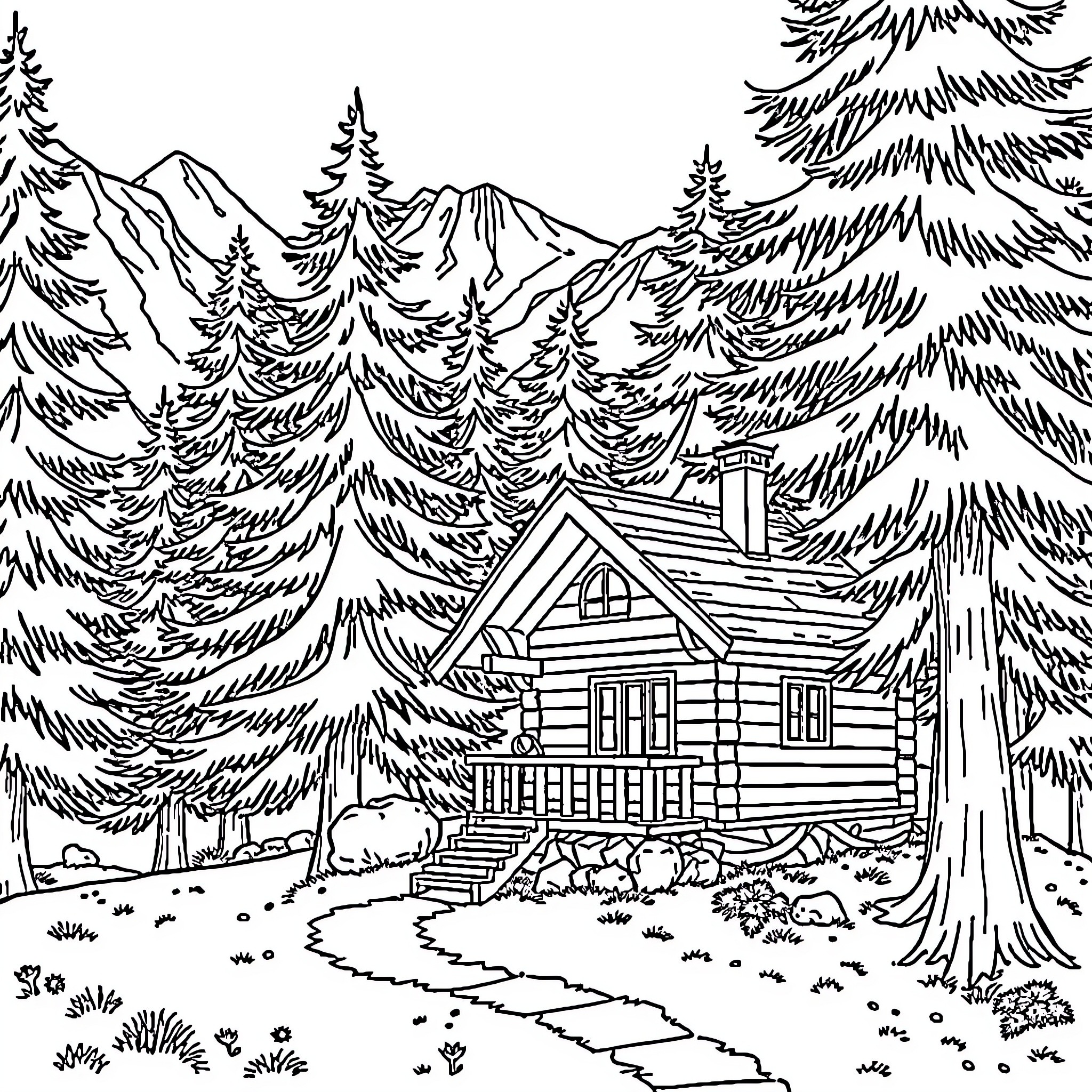 House in a Serene Mountain Landscape Coloring Page (free black-and-white line drawing printable PDF for all, from beginners to advanced learners, including children, teens, adults, and seniors)
