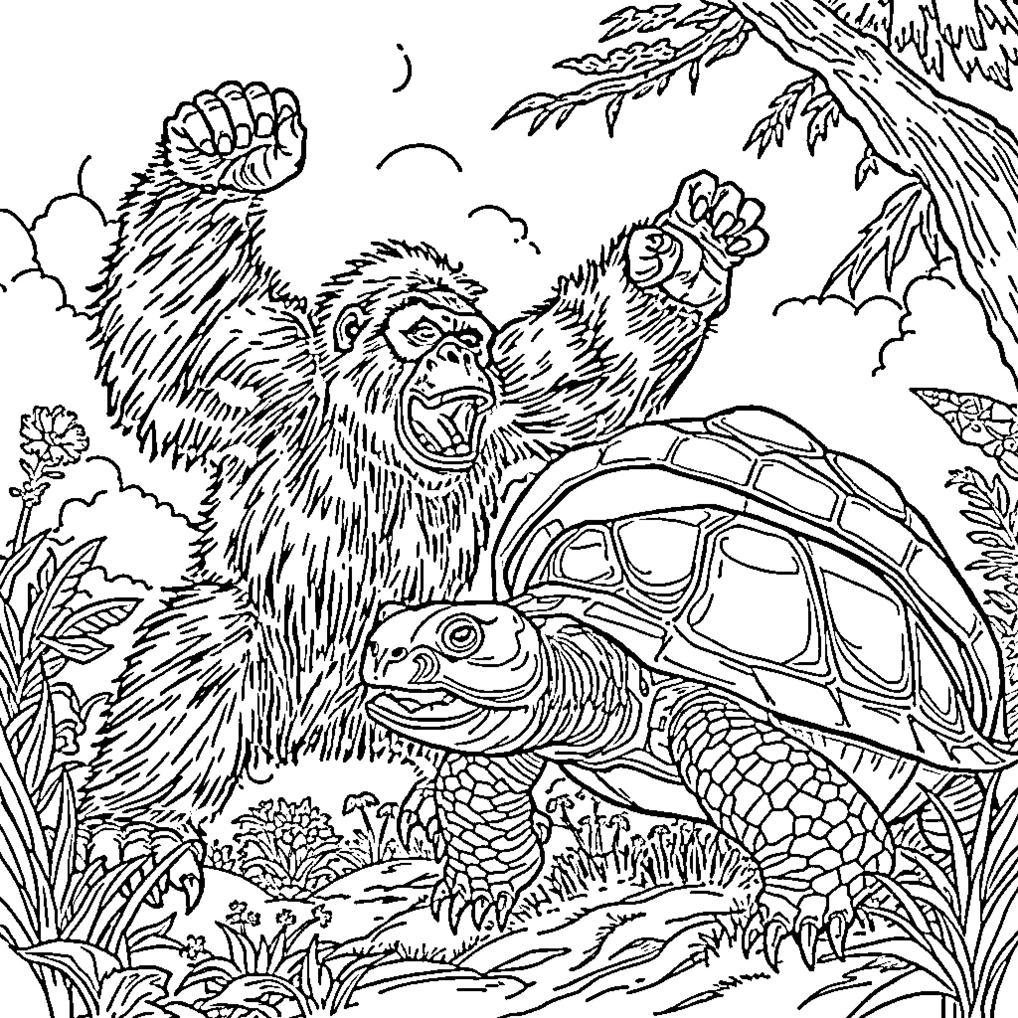 Orangutan and Tortoise in the Jungle Coloring Page (free black-and-white line drawing printable PDF for all, from beginners to advanced learners, including children, teens, adults, and seniors)