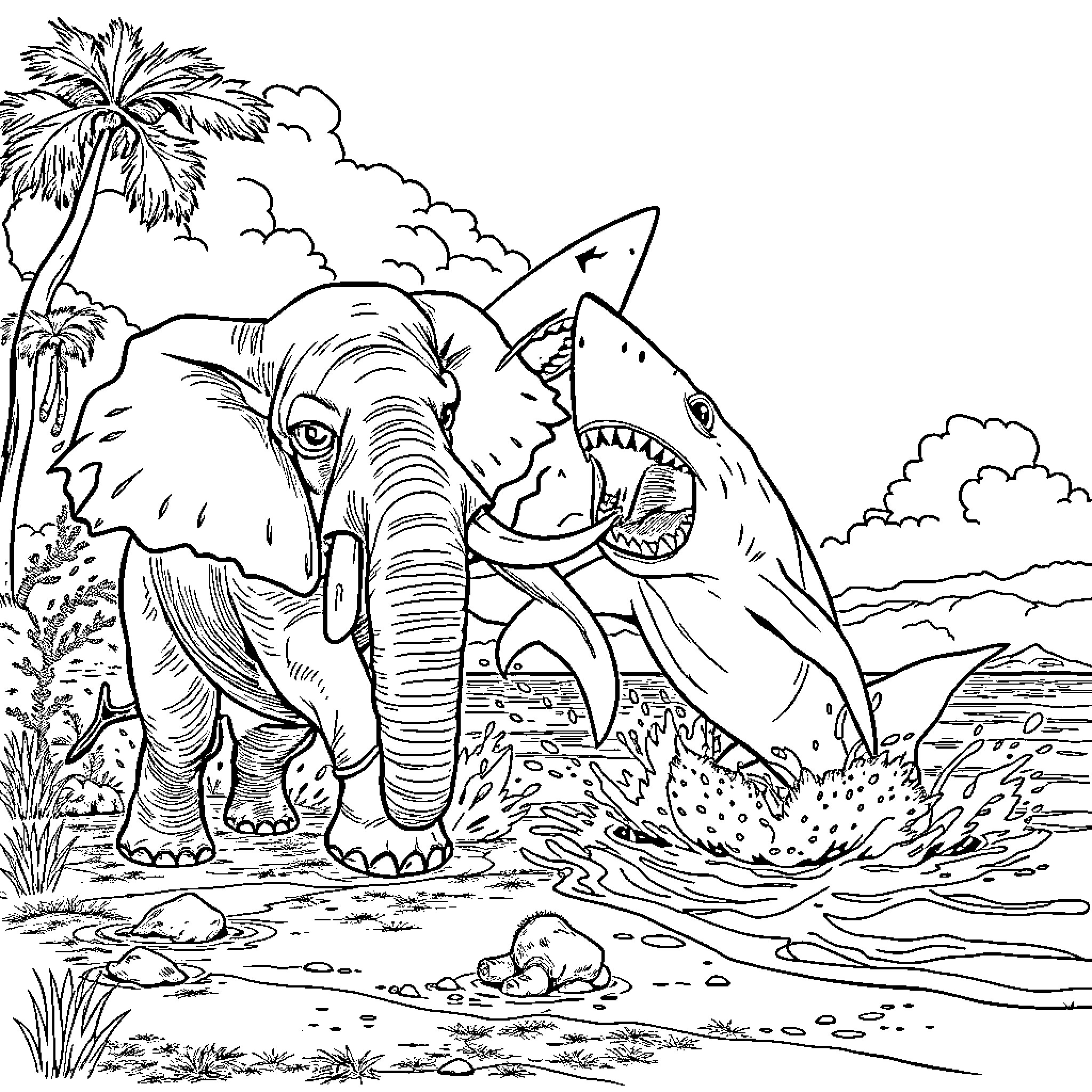 Shark and elephant in tropical wilderness Coloring Page (free black-and-white line drawing printable PDF for all, from beginners to advanced learners, including children, teens, adults, and seniors)