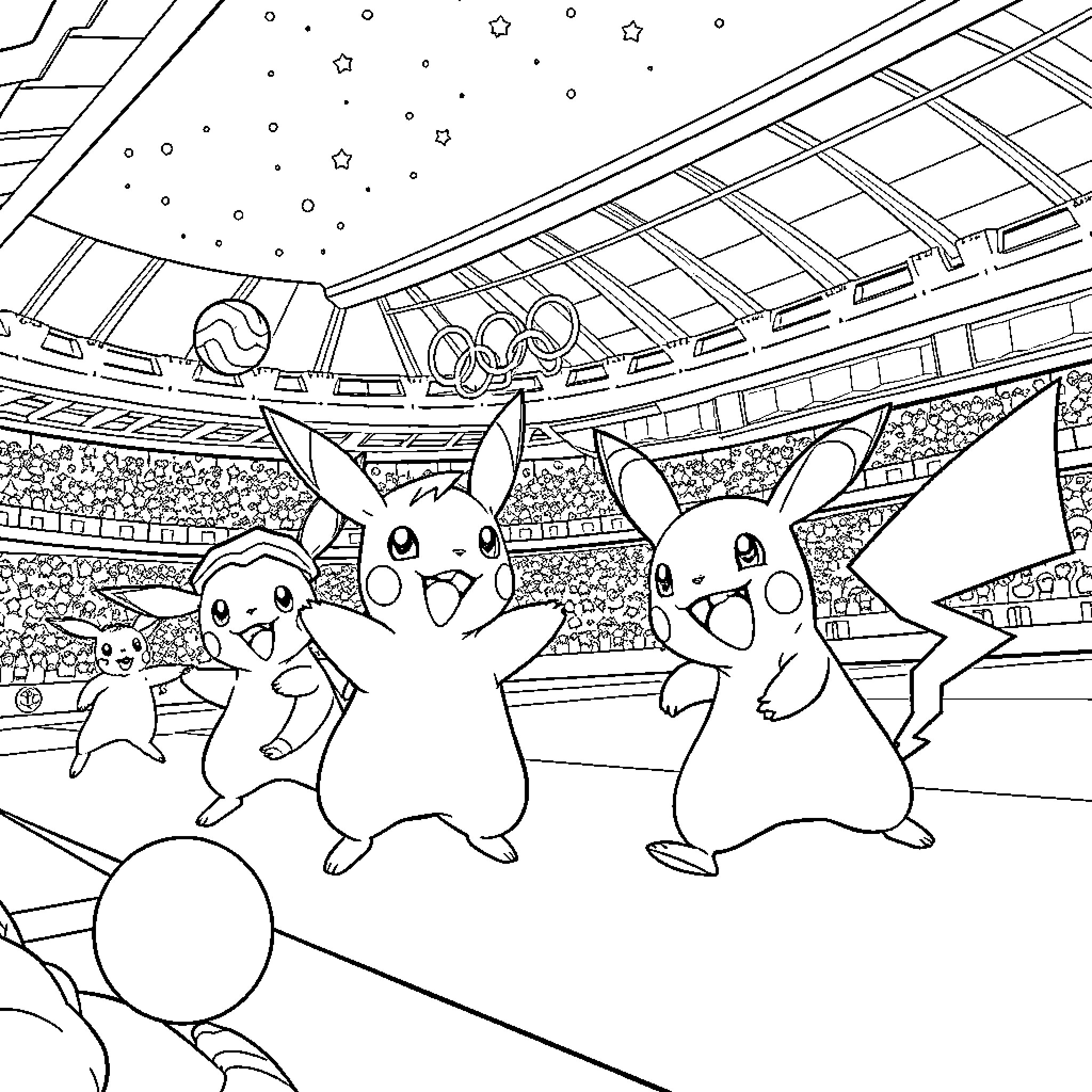 Pokémon characters playing in sports stadium Coloring Page (free black-and-white line drawing printable PDF for all, from beginners to advanced learners, including children, teens, adults, and seniors)