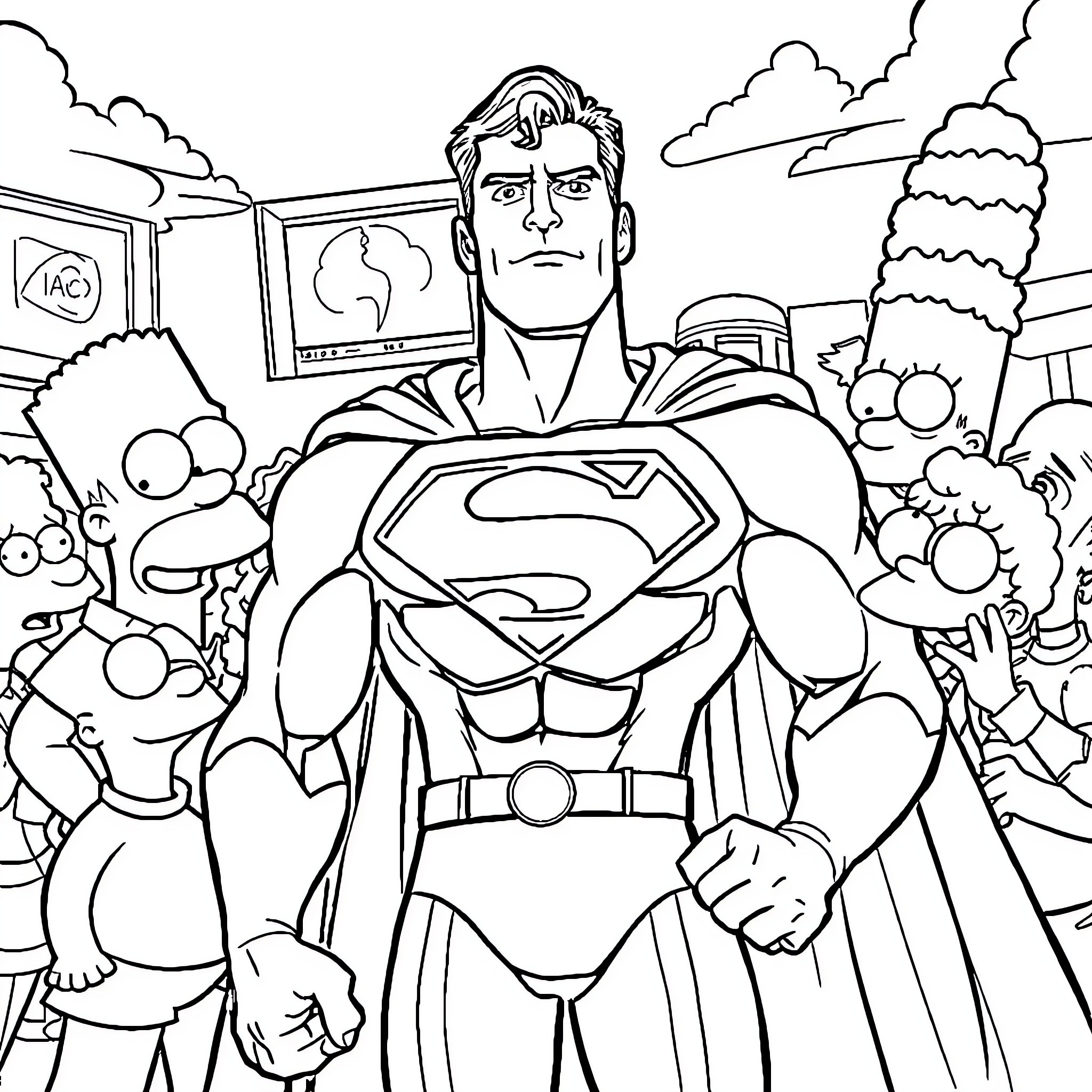 Superman heroically saving the city from disaster Coloring Page (free black-and-white line drawing printable PDF for all, from beginners to advanced learners, including children, teens, adults, and seniors)
