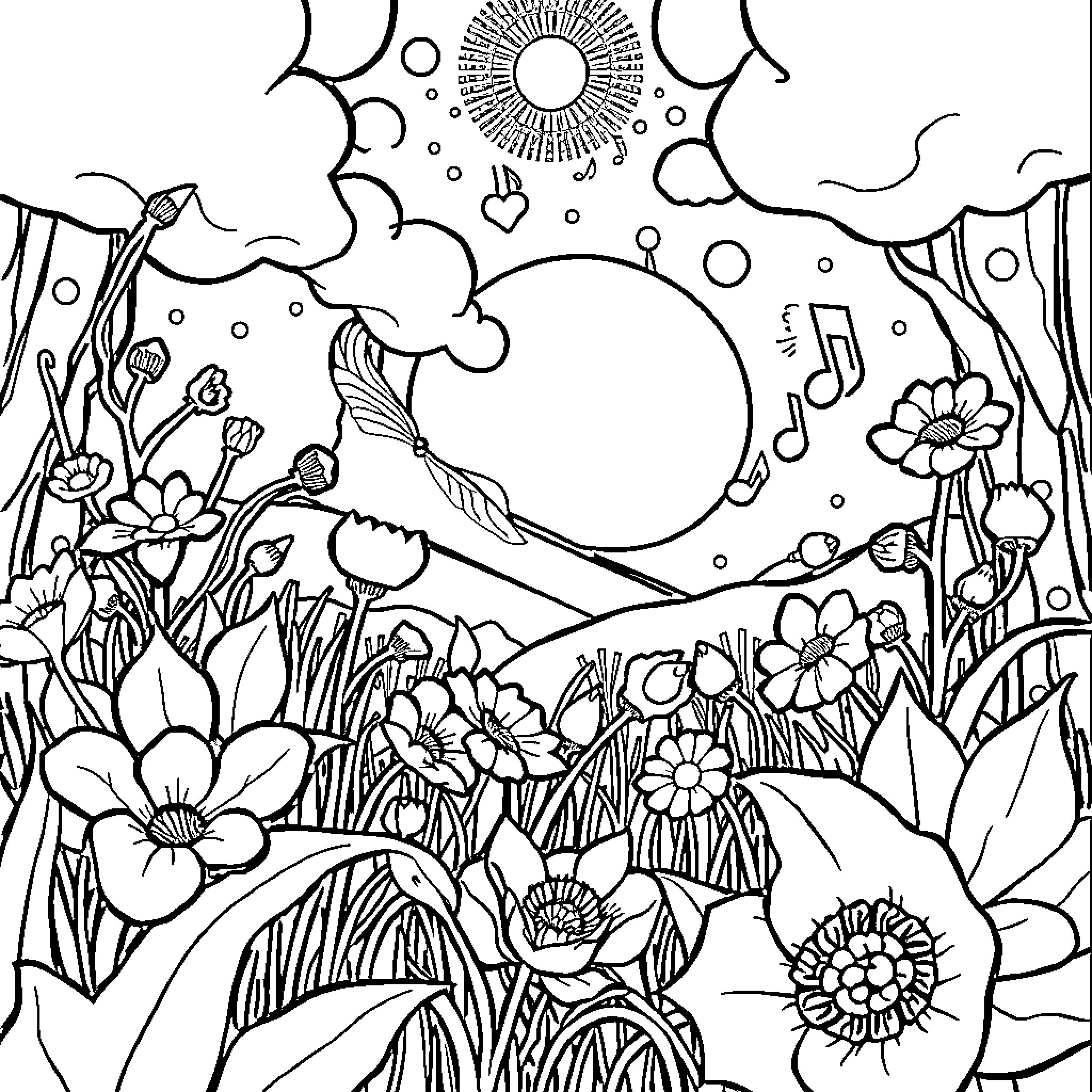 Music in the Whimsical Garden Coloring Page (free black-and-white line drawing printable PDF for all, from beginners to advanced learners, including children, teens, adults, and seniors)