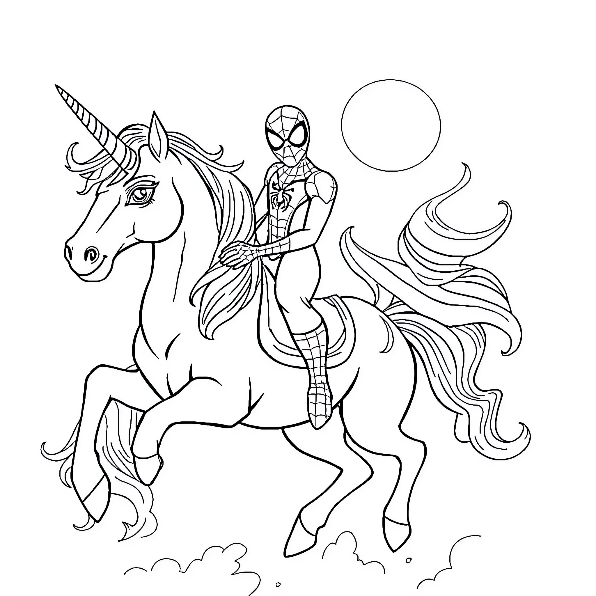 Spiderman riding a magical unicorn Coloring Page (free black-and-white line drawing printable PDF for all, from beginners to advanced learners, including children, teens, adults, and seniors)