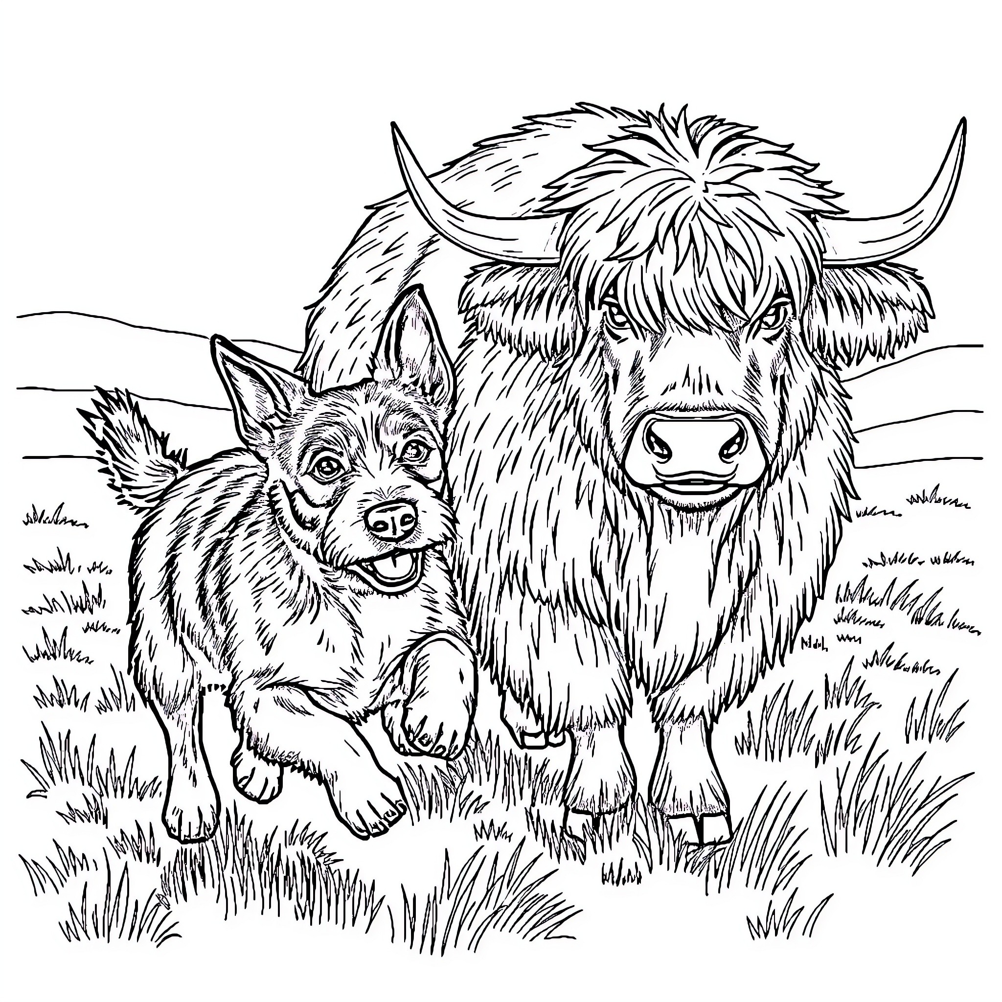 Terrier and Highland Cow Encounter in Grassy Field Coloring Page (free black-and-white line drawing printable PDF for all, from beginners to advanced learners, including children, teens, adults, and seniors)