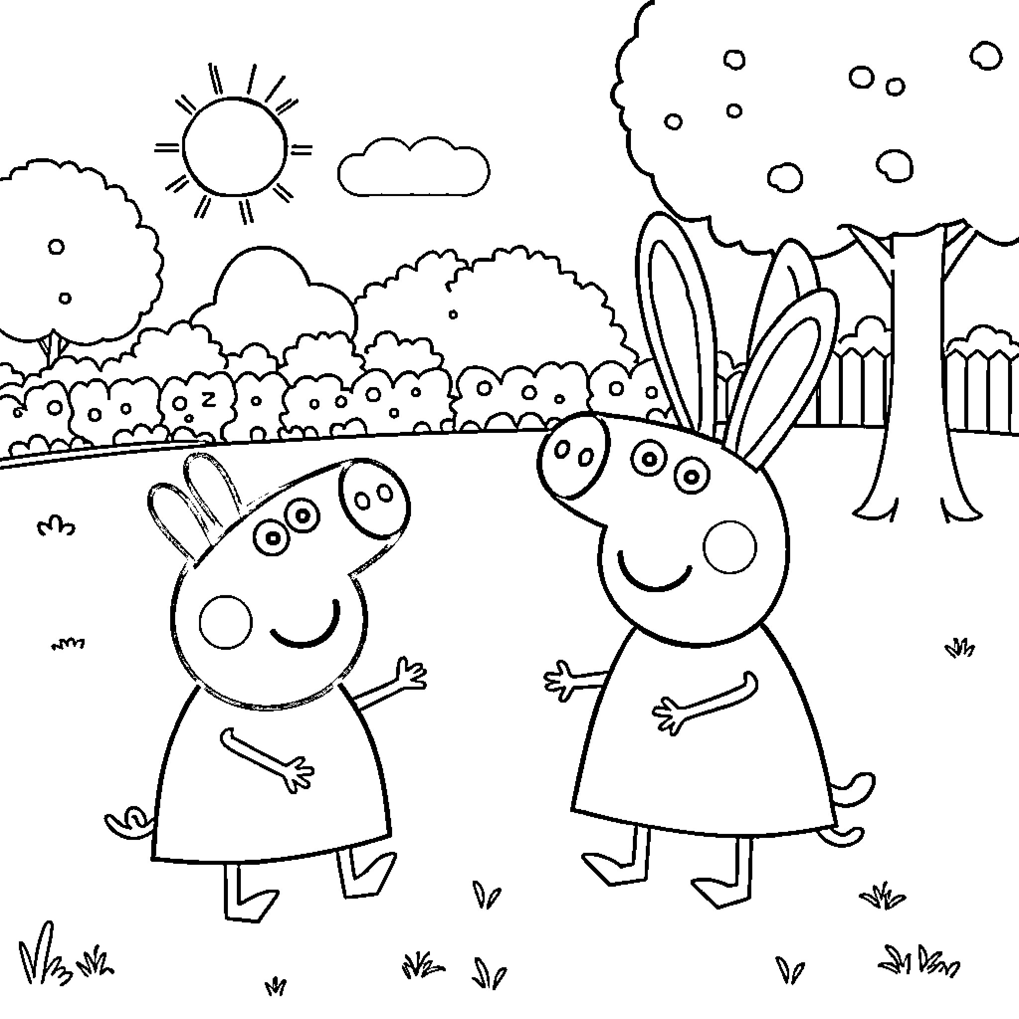 Peppa and Bunny Friends Exploring the Outdoors Coloring Page (free black-and-white line drawing printable PDF for all, from beginners to advanced learners, including children, teens, adults, and seniors)
