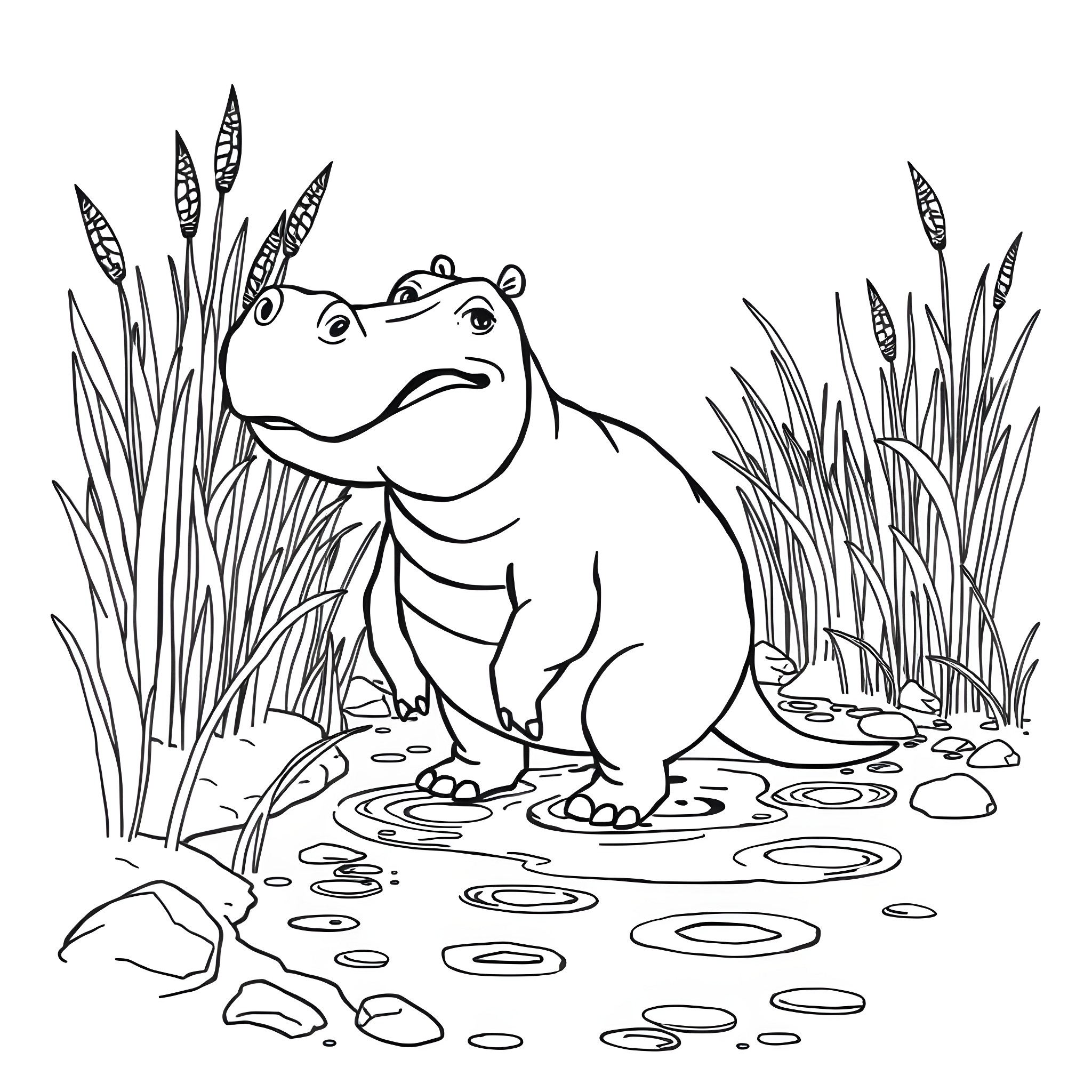 Hippopotamus wading in water surrounded by reeds Coloring Page (free black-and-white line drawing printable PDF for all, from beginners to advanced learners, including children, teens, adults, and seniors)