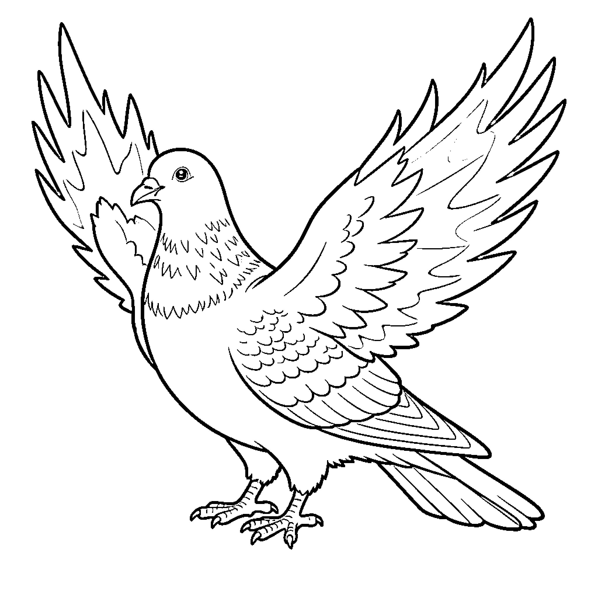 Pigeon spreading its wings Coloring Page (free black-and-white line drawing printable PDF for all, from beginners to advanced learners, including children, teens, adults, and seniors)