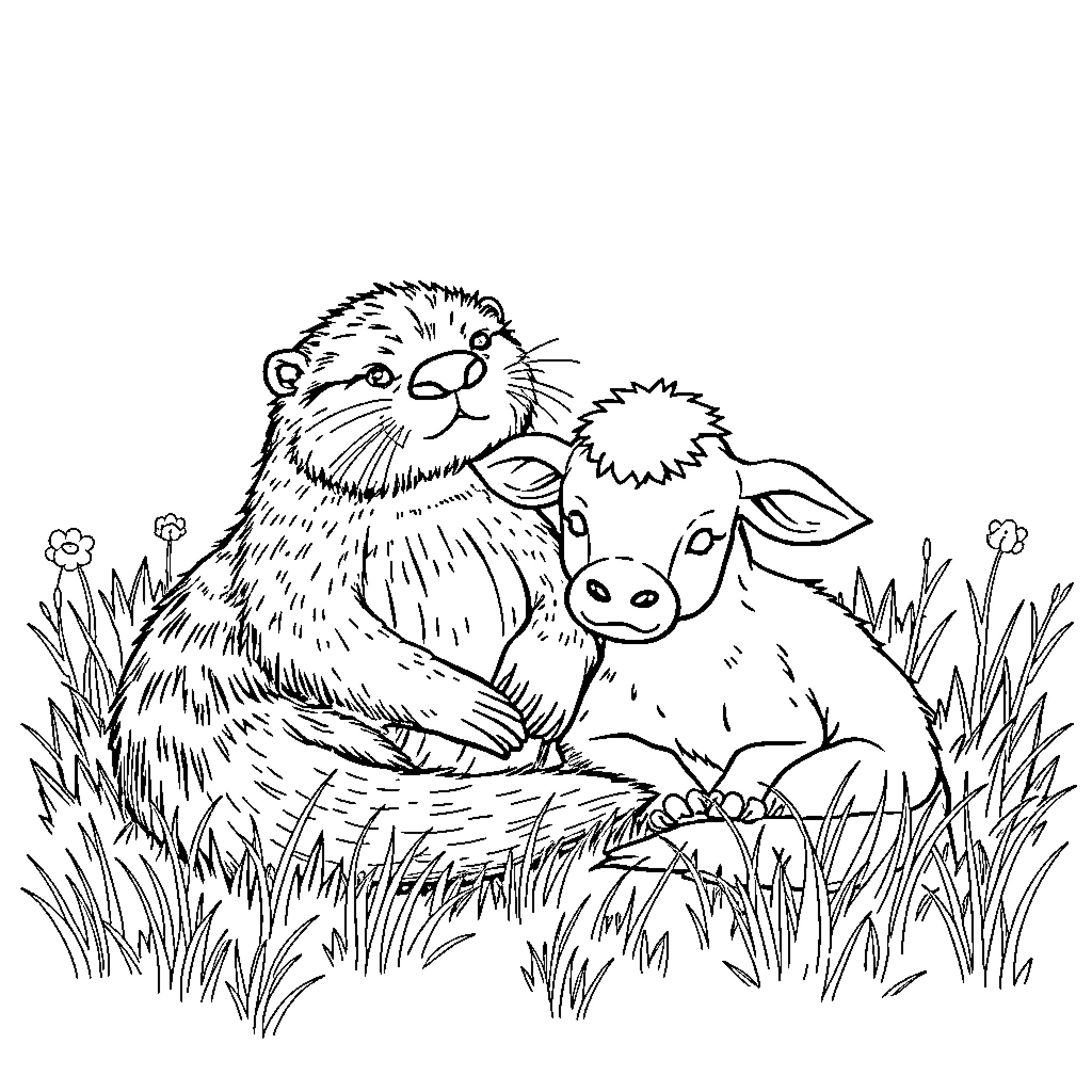 Otter cuddling with piglet in the meadow Coloring Page (free black-and-white line drawing printable PDF for all, from beginners to advanced learners, including children, teens, adults, and seniors)