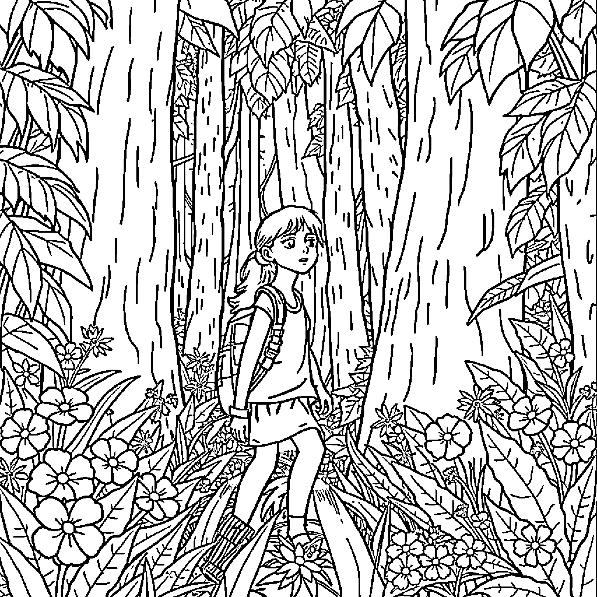 Fille exploring the lush forest Coloring Page (free black-and-white line drawing printable PDF for all, from beginners to advanced learners, including children, teens, adults, and seniors)