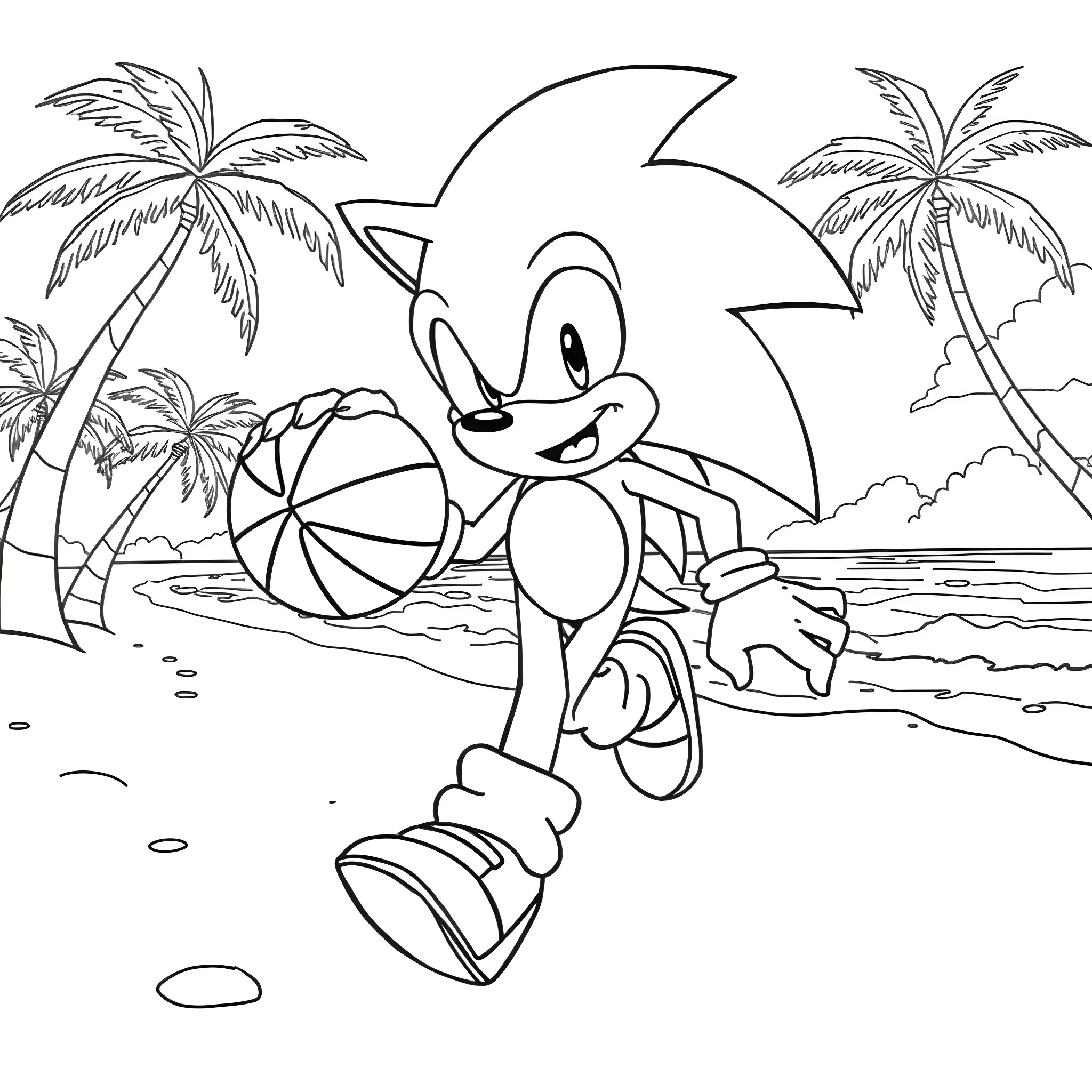 Sonic enjoying a sunny day at the beach Coloring Page (free black-and-white line drawing printable PDF for all, from beginners to advanced learners, including children, teens, adults, and seniors)