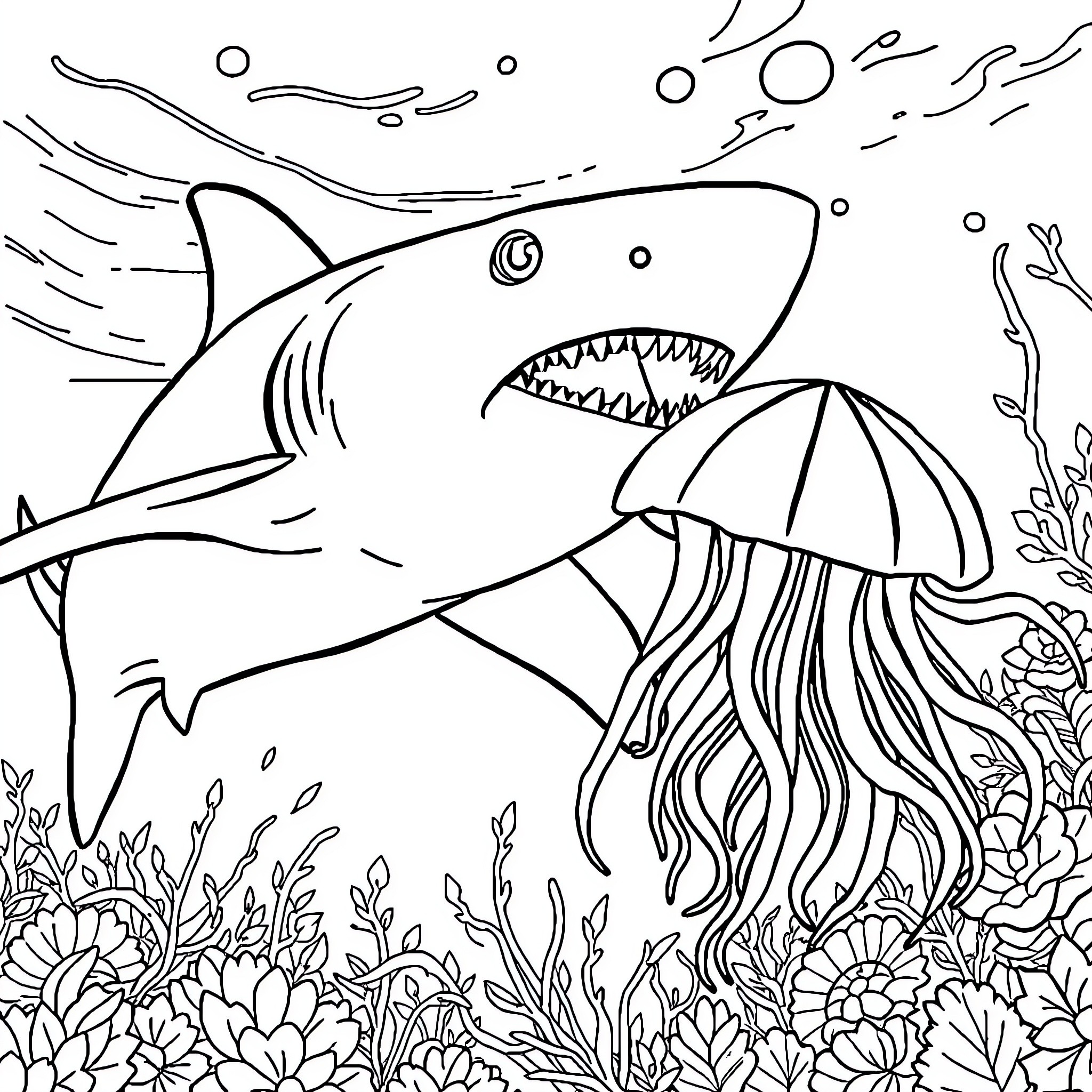 Shark swimming aggressively with jellyfish in the ocean Coloring Page (free black-and-white line drawing printable PDF for all, from beginners to advanced learners, including children, teens, adults, and seniors)