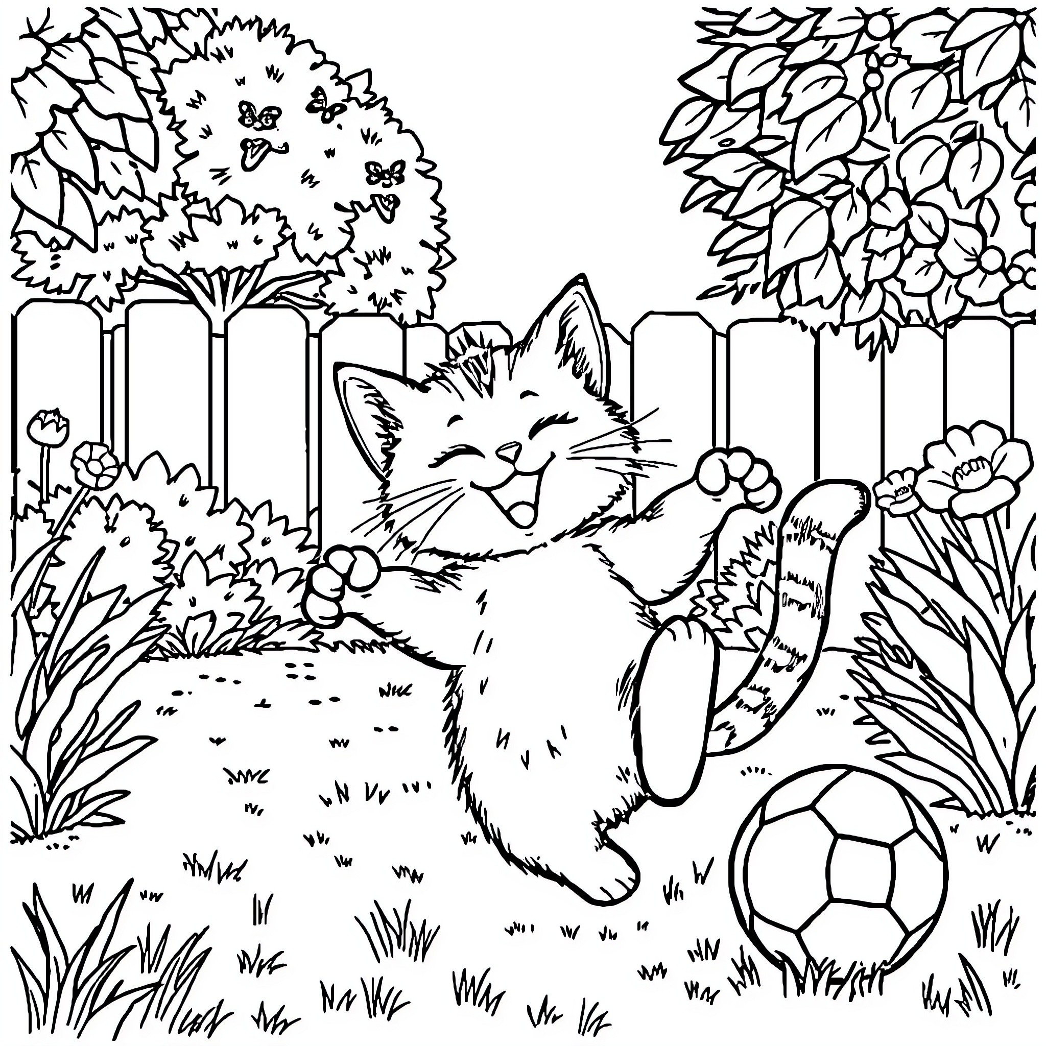 Cat playing joyfully with a ball in the garden Coloring Page (free black-and-white line drawing printable PDF for all, from beginners to advanced learners, including children, teens, adults, and seniors)