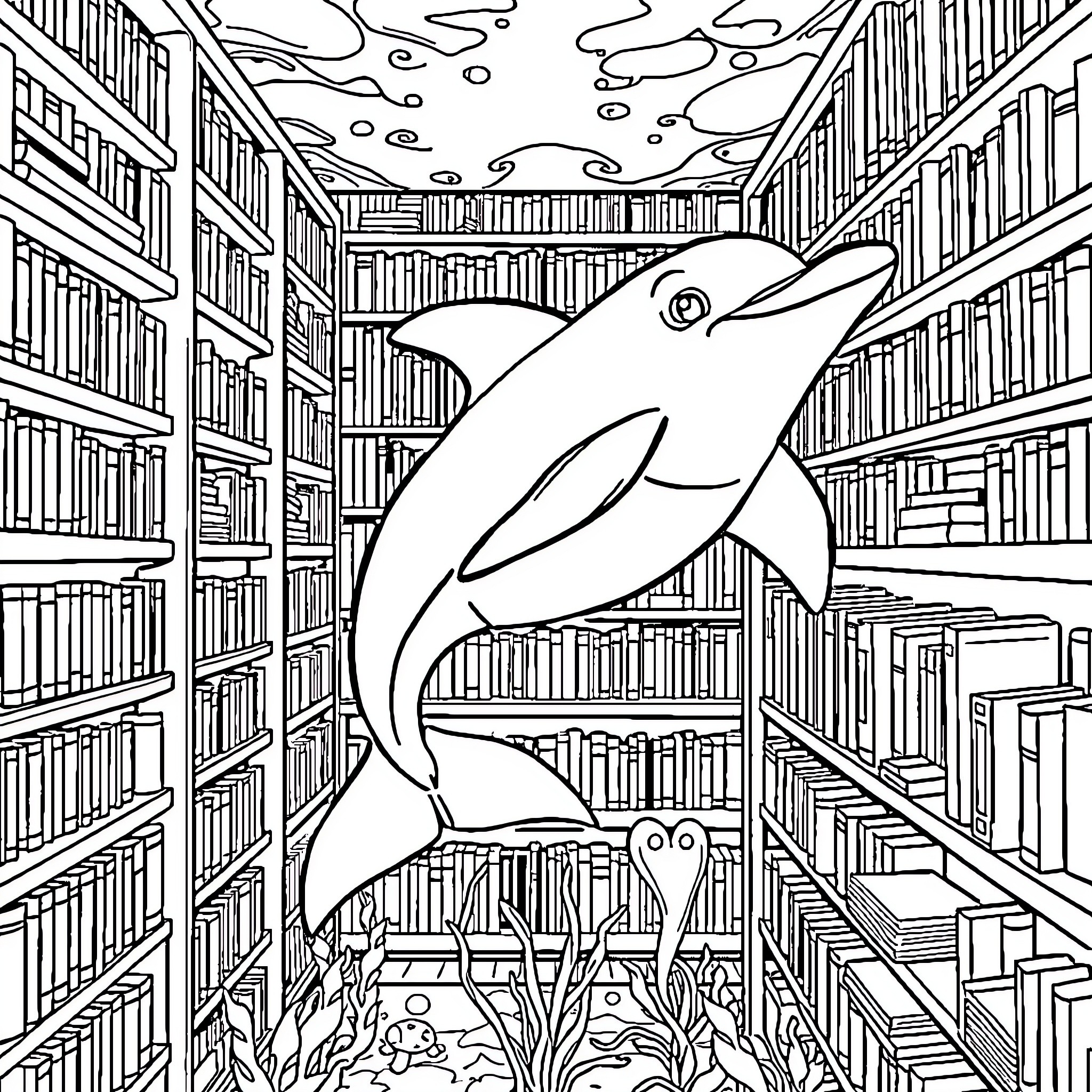 Dolphin swimming in a library filled with books Coloring Page (free black-and-white line drawing printable PDF for all, from beginners to advanced learners, including children, teens, adults, and seniors)