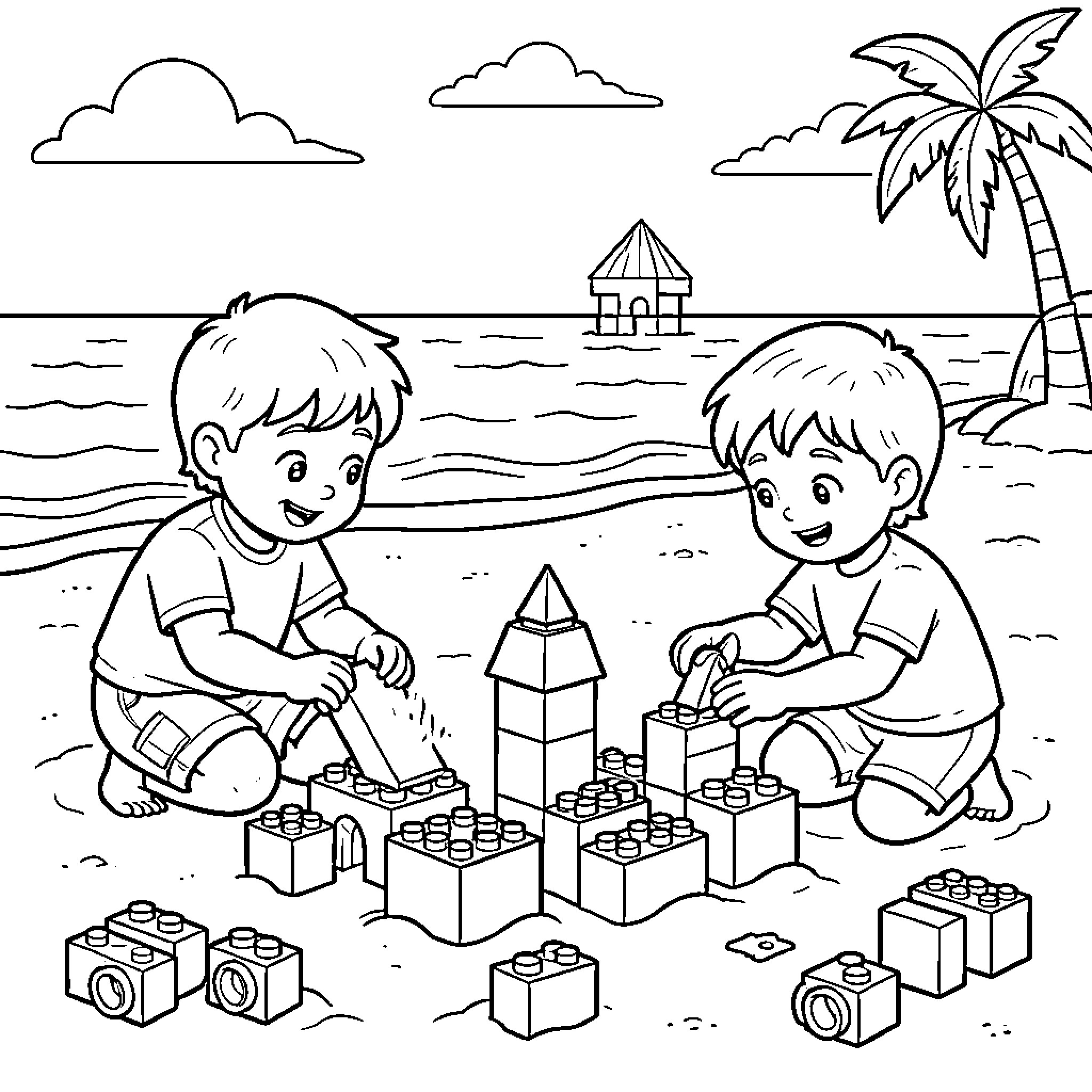 Niños jugando con bloques en la playa Coloring Page (free black-and-white line drawing printable PDF for all, from beginners to advanced learners, including children, teens, adults, and seniors)