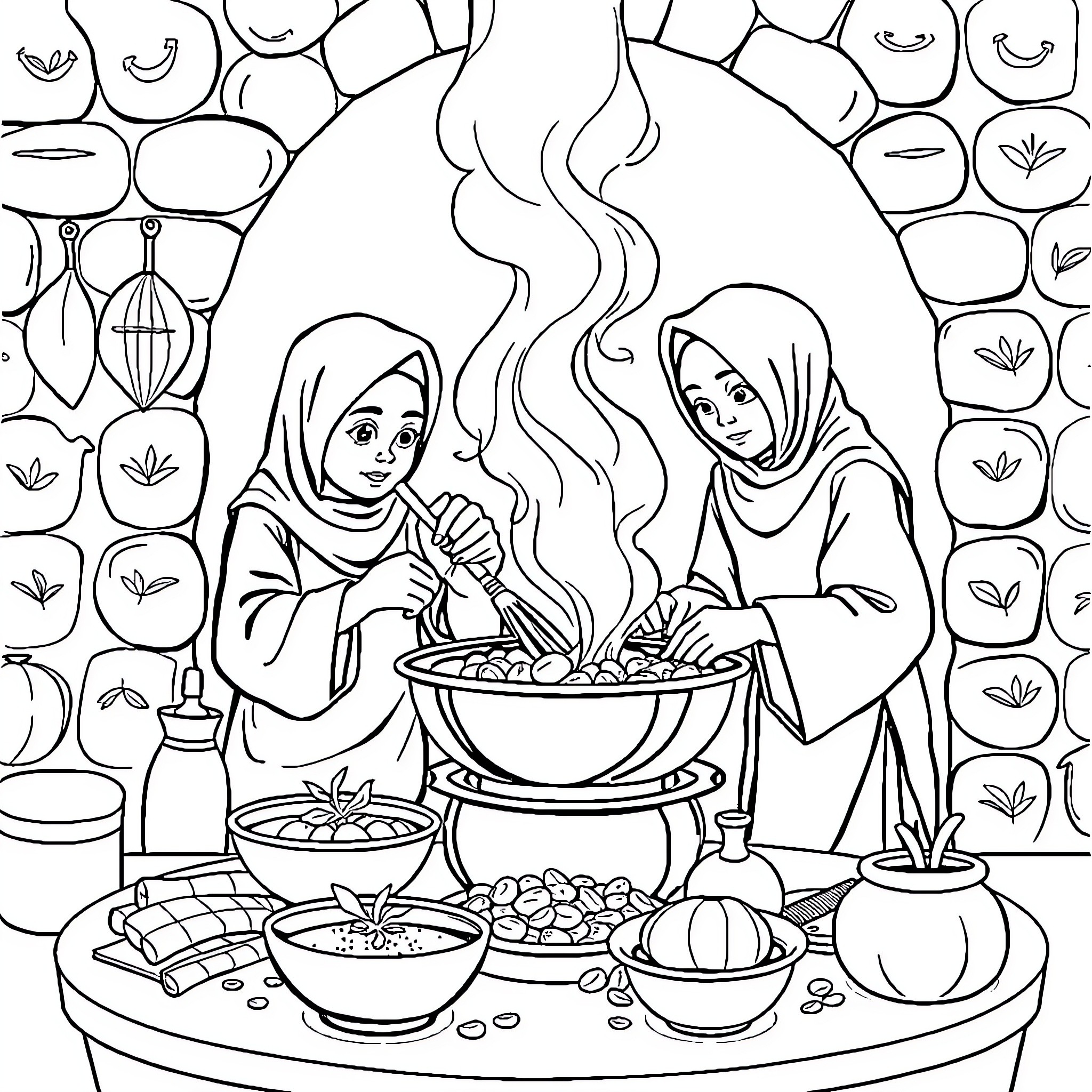 Hadi's Culinary Delight: Women Preparing Traditional Dishes Coloring Page (free black-and-white line drawing printable PDF for all, from beginners to advanced learners, including children, teens, adults, and seniors)
