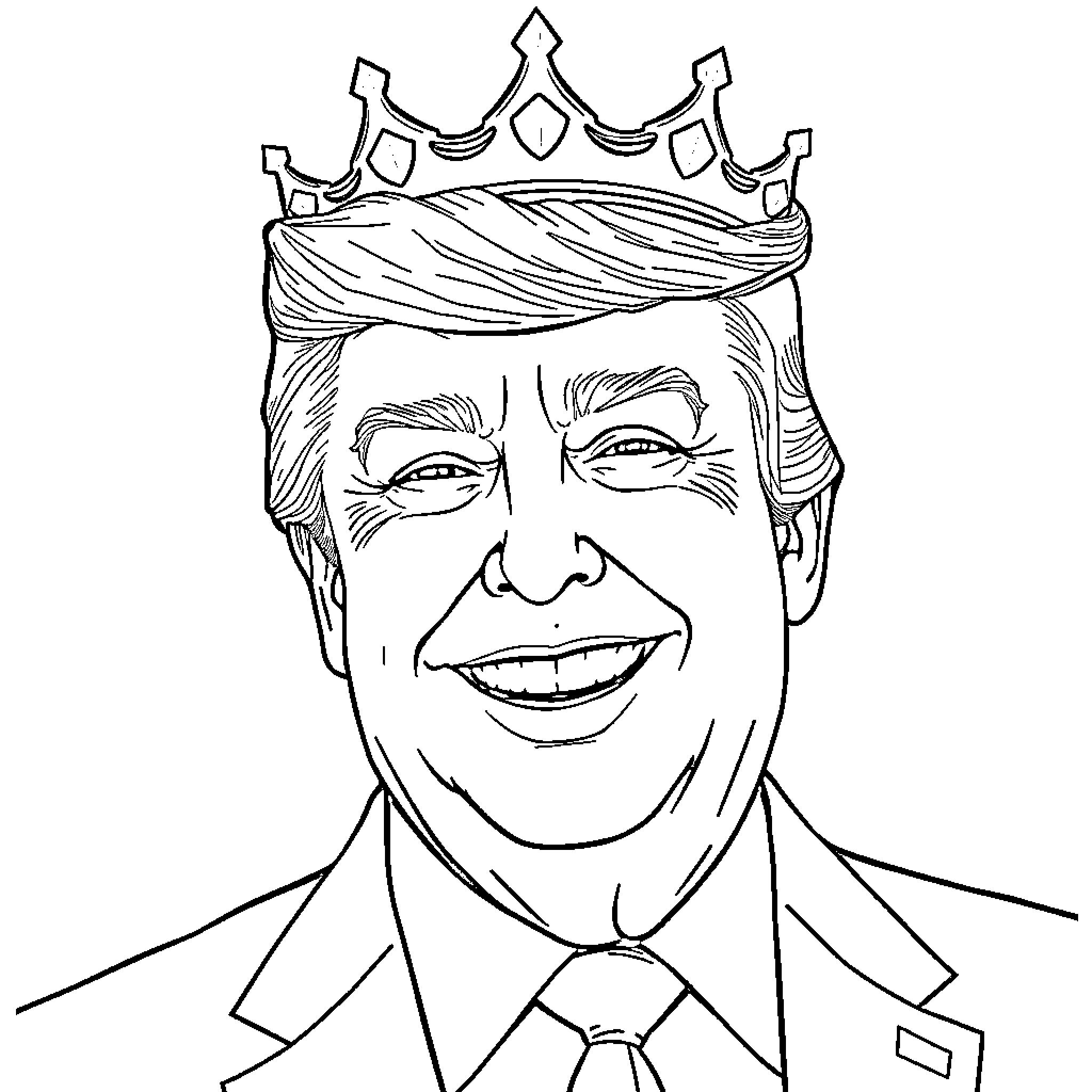 Donald Trump wearing a crown and smiling Coloring Page (free black-and-white line drawing printable PDF for all, from beginners to advanced learners, including children, teens, adults, and seniors)