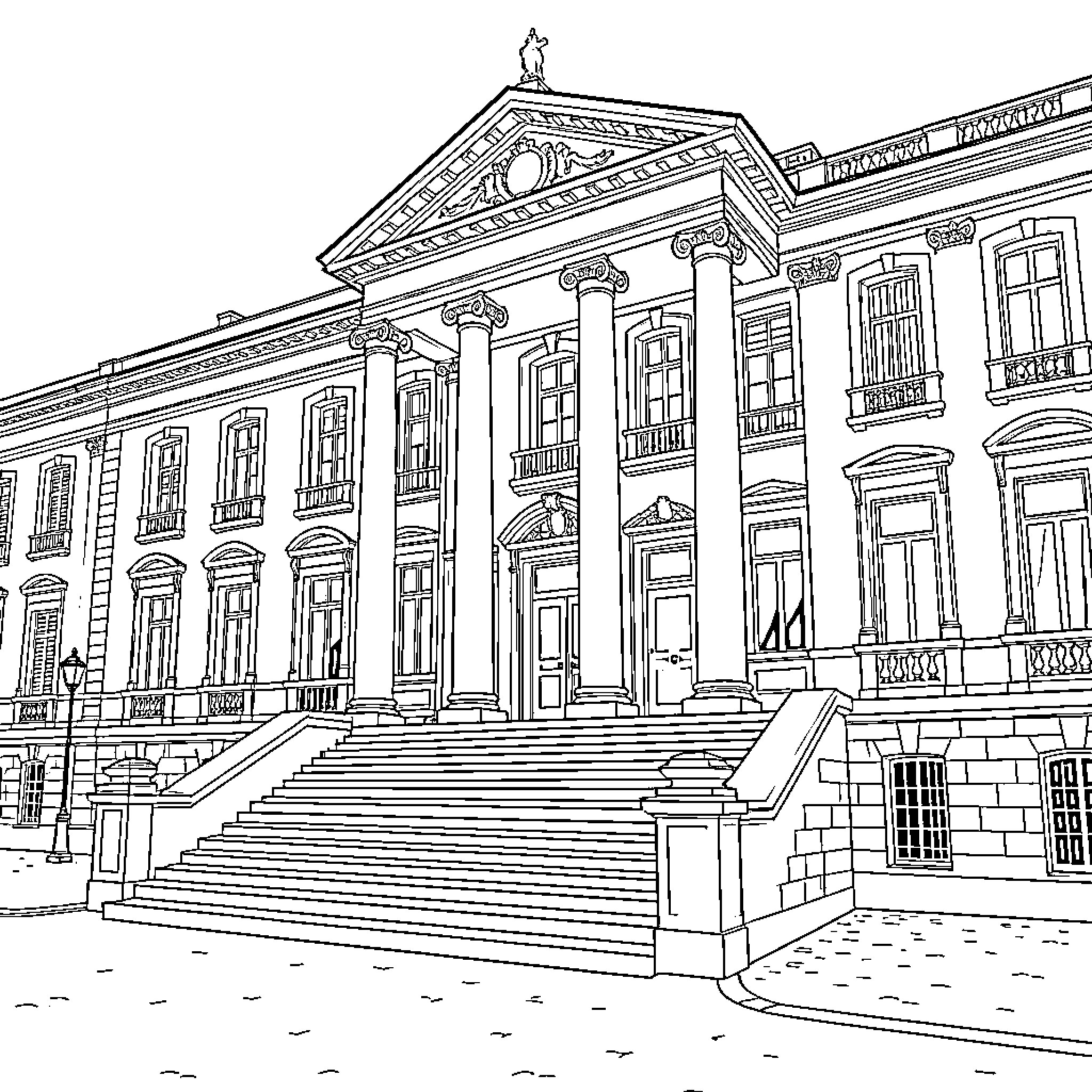 Palais de Justice featuring grand columns and wide stairs Coloring Page (free black-and-white line drawing printable PDF for all, from beginners to advanced learners, including children, teens, adults, and seniors)