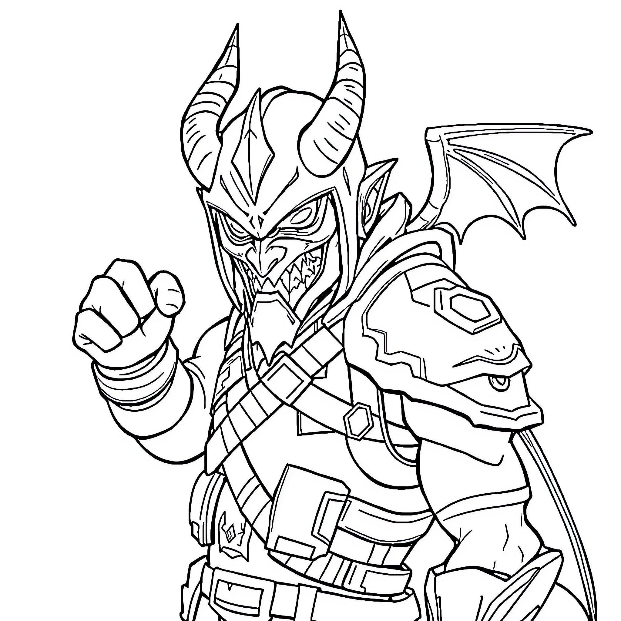 Demon Warrior's Ferocious Charge Coloring Page (free black-and-white line drawing printable PDF for all, from beginners to advanced learners, including children, teens, adults, and seniors)