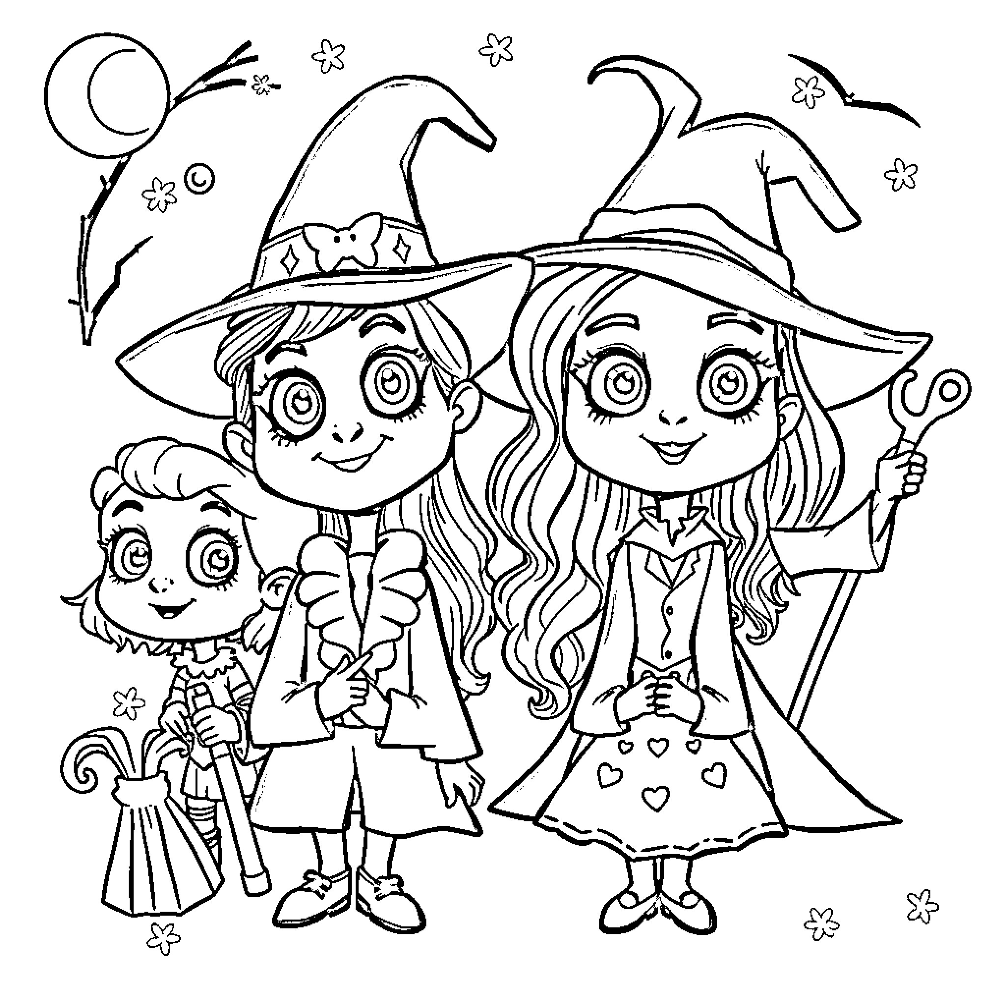 Hocus Pocus - Witchy Friends in Costumes Coloring Page (free black-and-white line drawing printable PDF for all, from beginners to advanced learners, including children, teens, adults, and seniors)