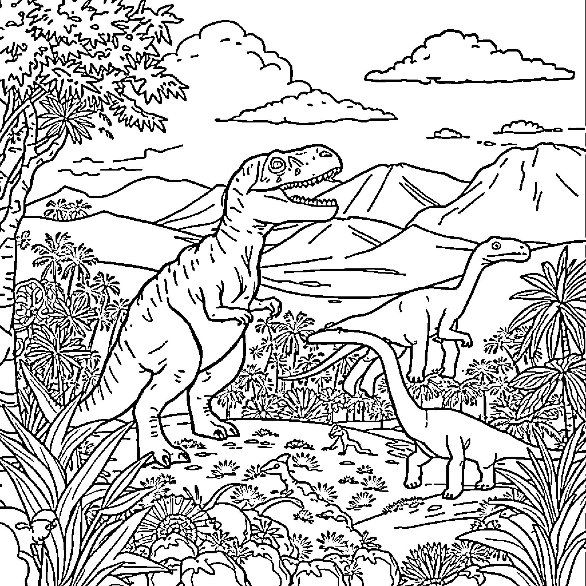 Dinosaurs roaming in prehistoric landscape Coloring Page (free black-and-white line drawing printable PDF for all, from beginners to advanced learners, including children, teens, adults, and seniors)
