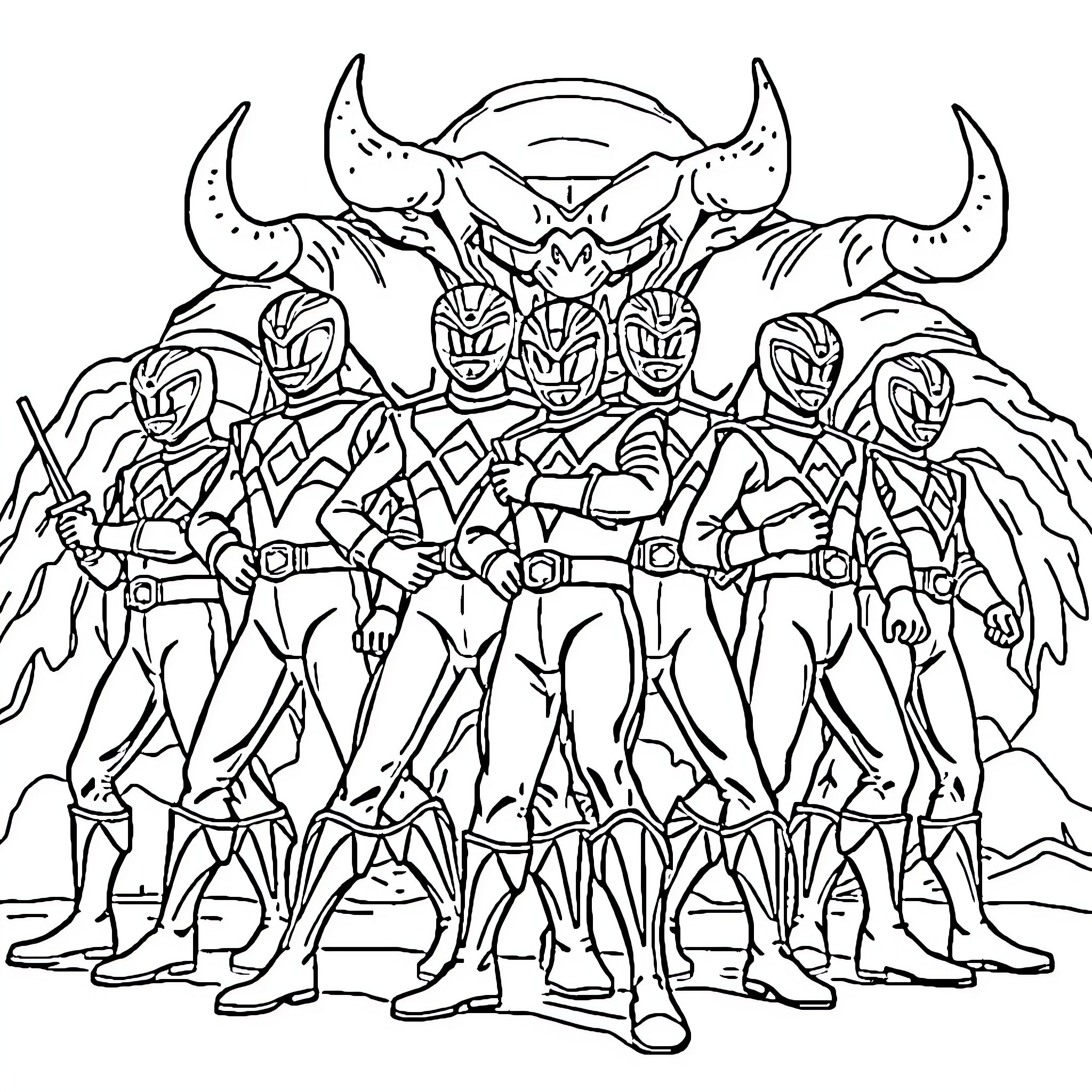 Power Rangers Battling Powerful Foe in Epic Scene Coloring Page (free black-and-white line drawing printable PDF for all, from beginners to advanced learners, including children, teens, adults, and seniors)