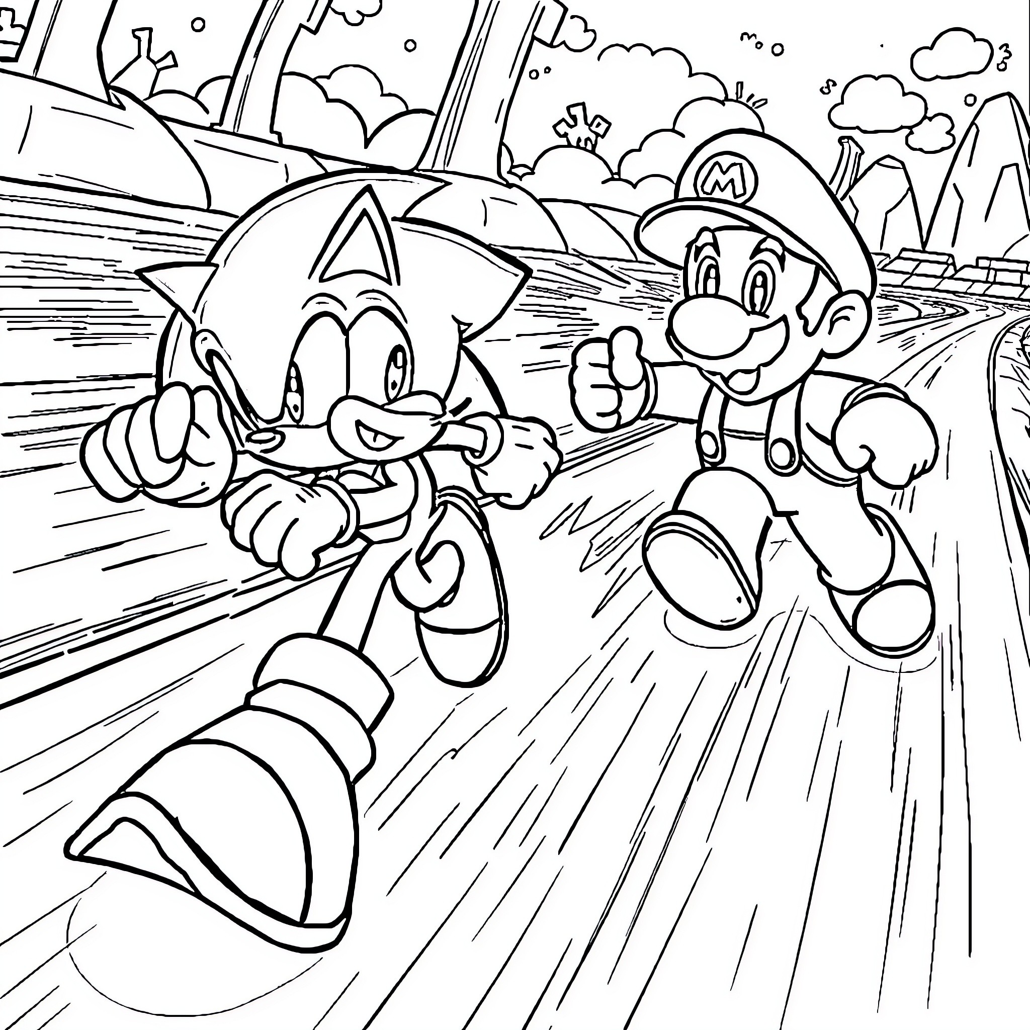 Supersonic Adventure of Iconic Video Game Characters Coloring Page (free black-and-white line drawing printable PDF for all, from beginners to advanced learners, including children, teens, adults, and seniors)