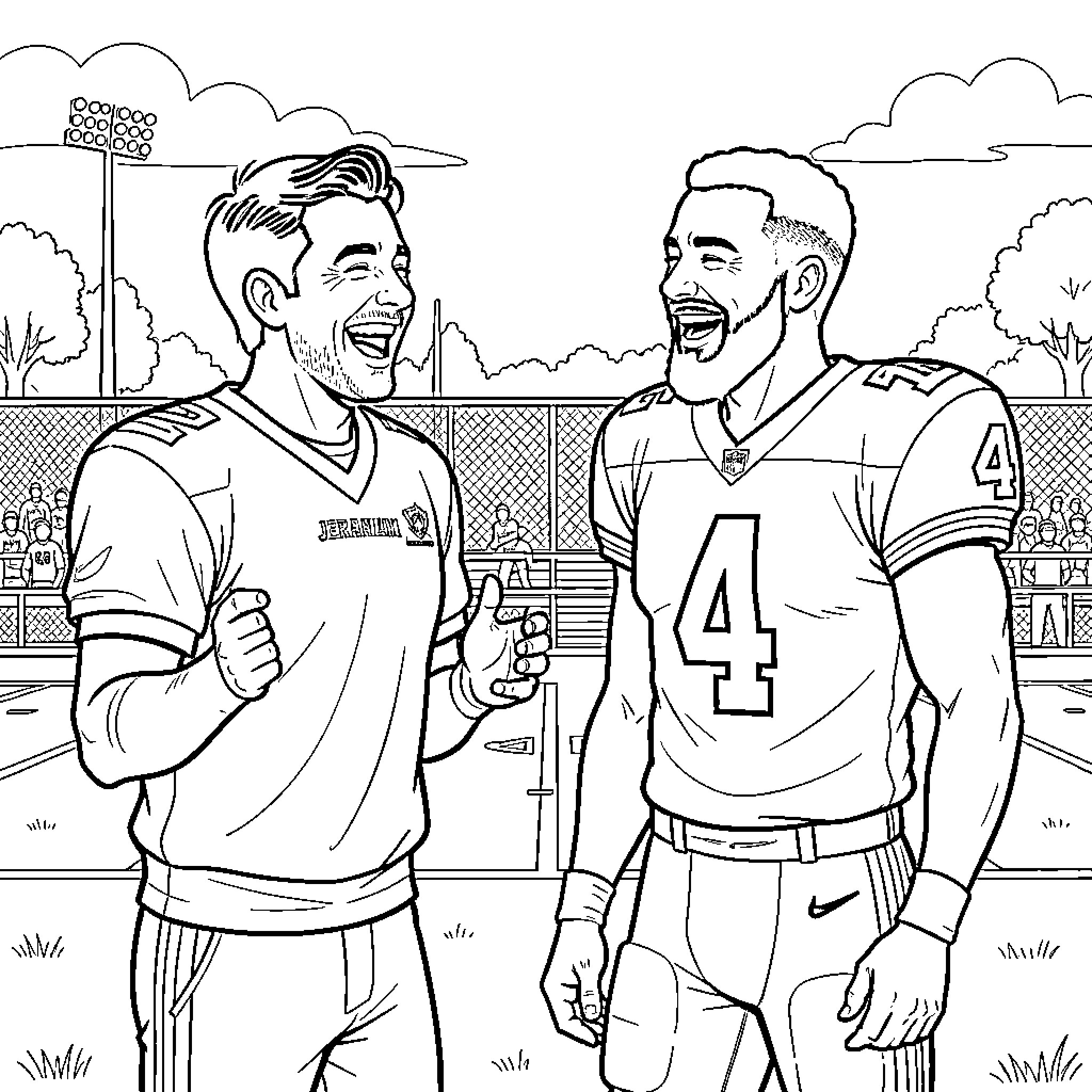 PJ: Two football players celebrating victory on field Coloring Page (free black-and-white line drawing printable PDF for all, from beginners to advanced learners, including children, teens, adults, and seniors)