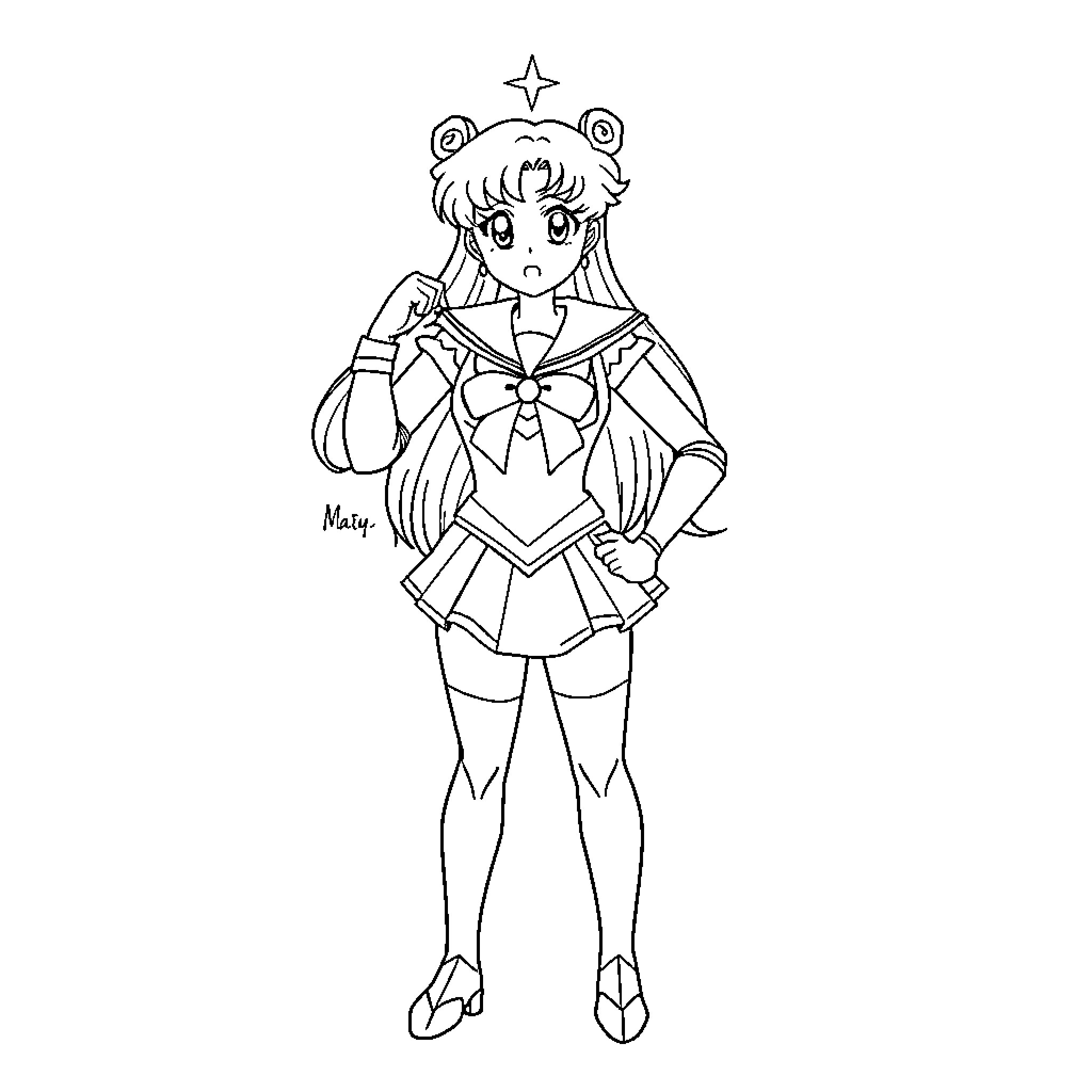 Sailor Jupiter in heroic pose Coloring Page (free black-and-white line drawing printable PDF for all, from beginners to advanced learners, including children, teens, adults, and seniors)