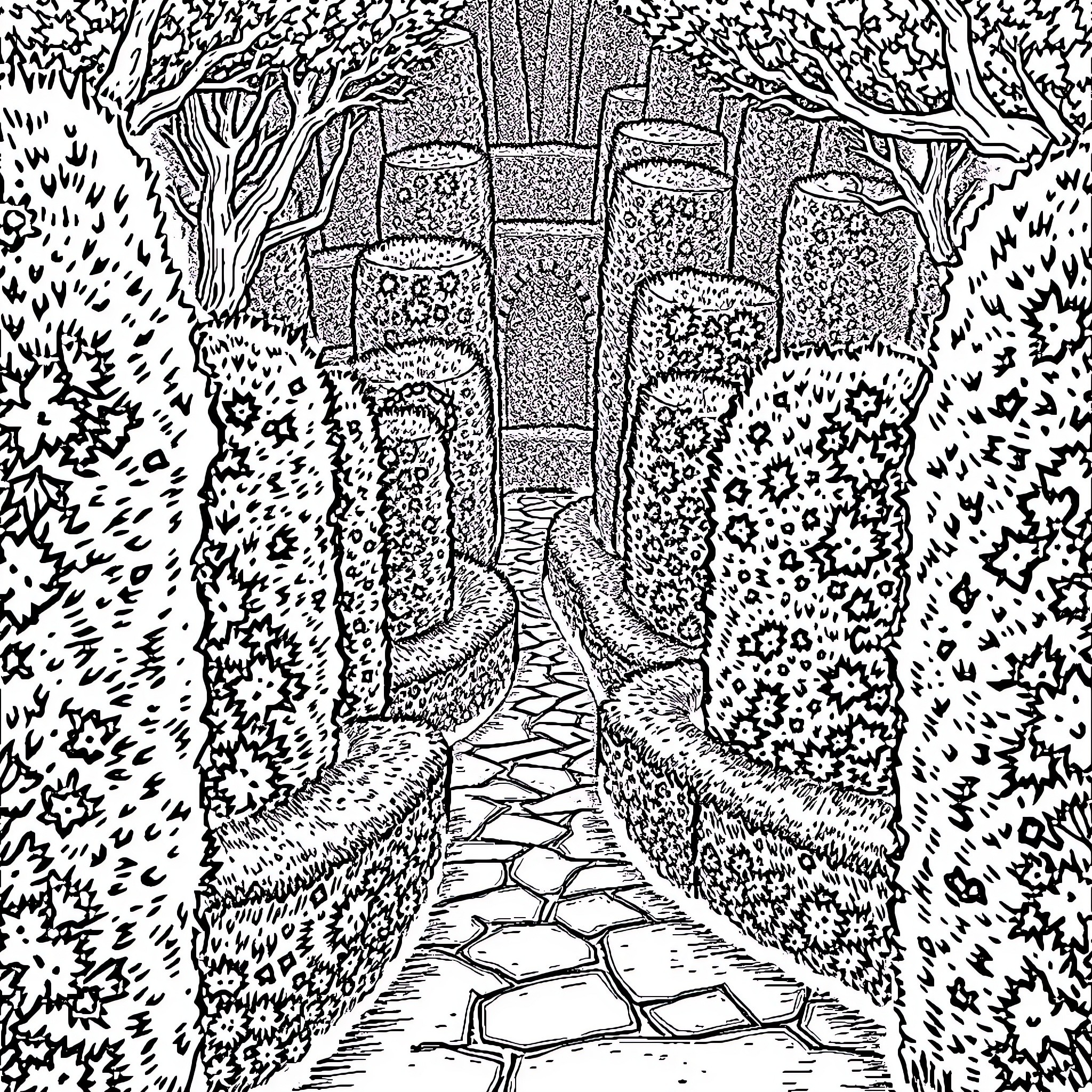 Labyrinth of Enchanted Passageways and Mysteries Coloring Page (free black-and-white line drawing printable PDF for all, from beginners to advanced learners, including children, teens, adults, and seniors)