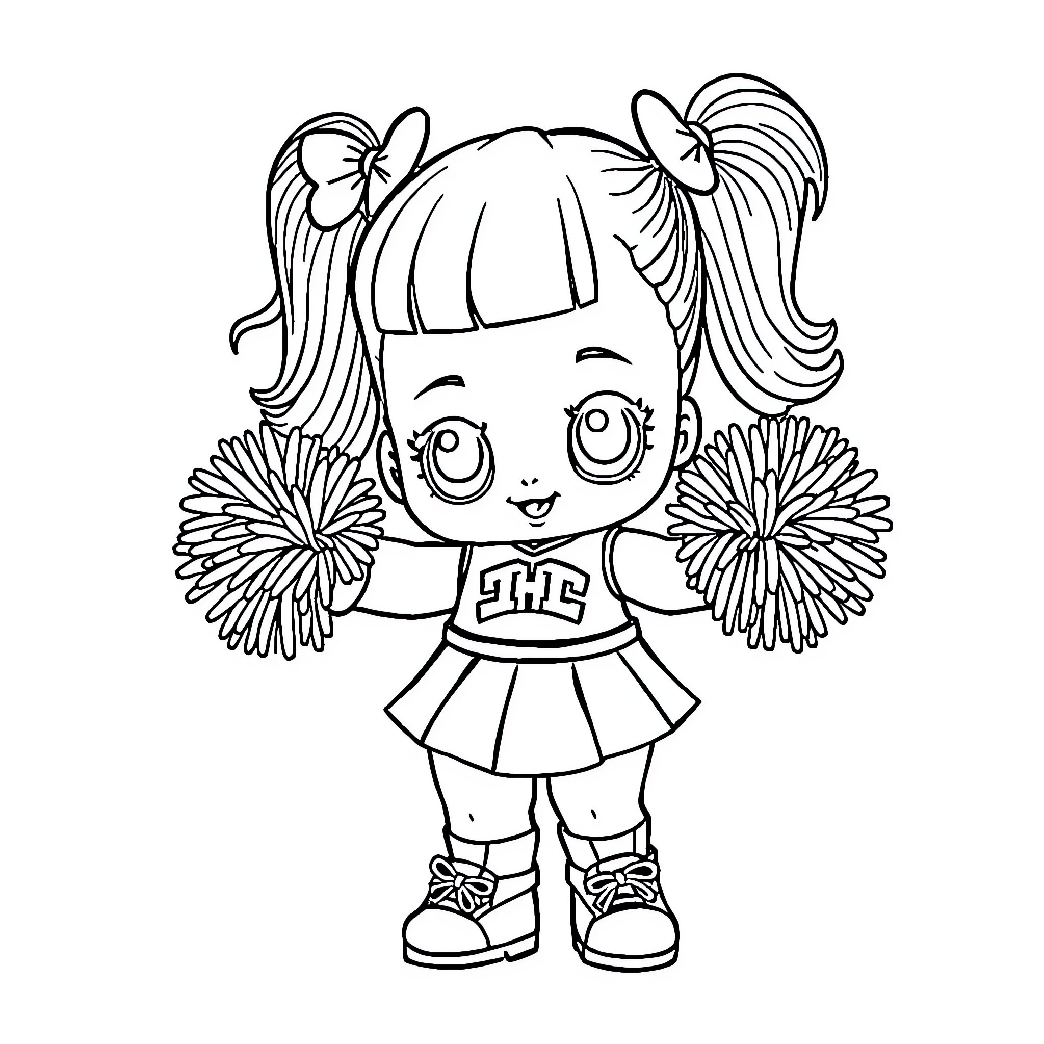 L.O.L. Doll cheerleading with pom-poms Coloring Page (free black-and-white line drawing printable PDF for all, from beginners to advanced learners, including children, teens, adults, and seniors)
