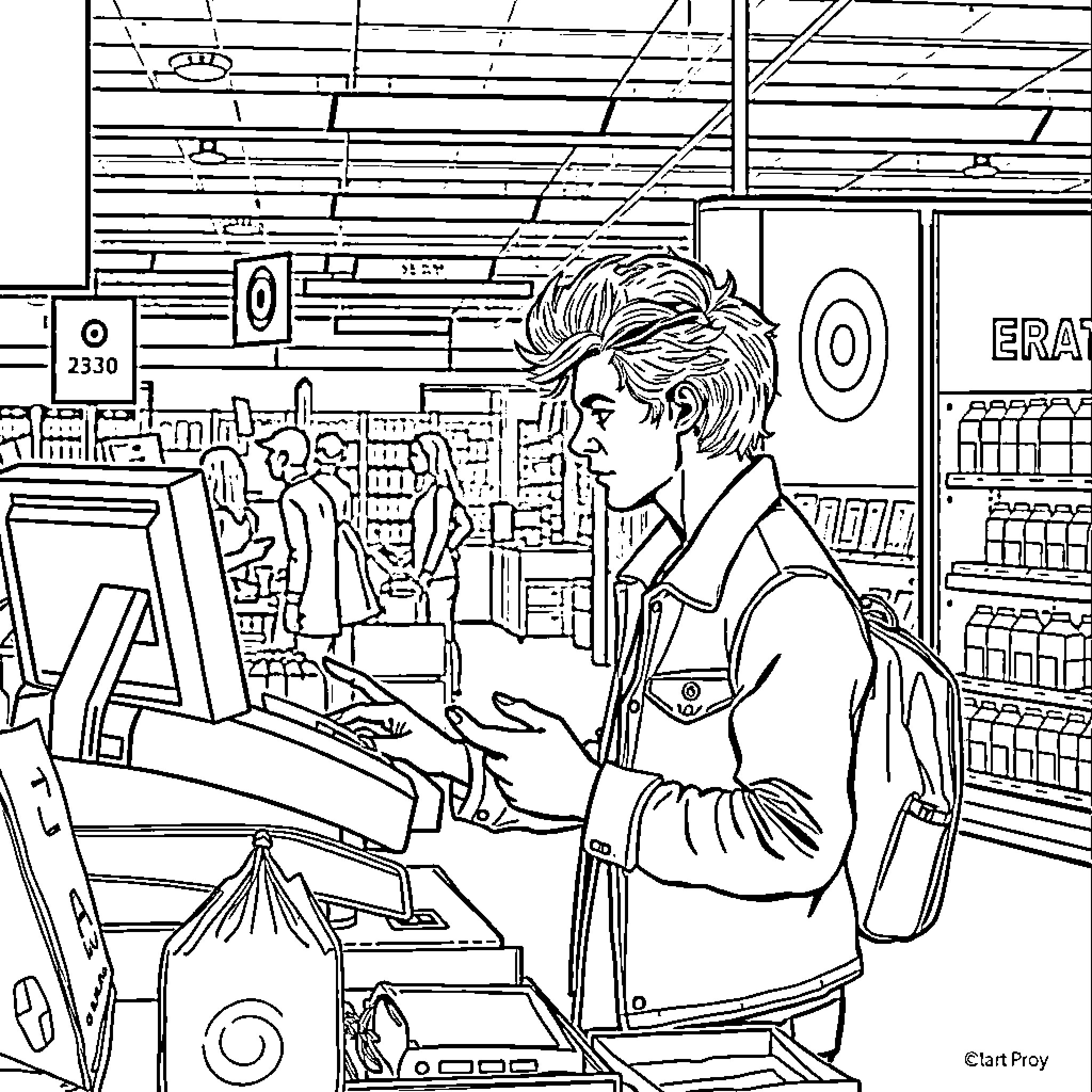 Harry Styles Checking Out at the Grocery Store Coloring Page (free black-and-white line drawing printable PDF for all, from beginners to advanced learners, including children, teens, adults, and seniors)