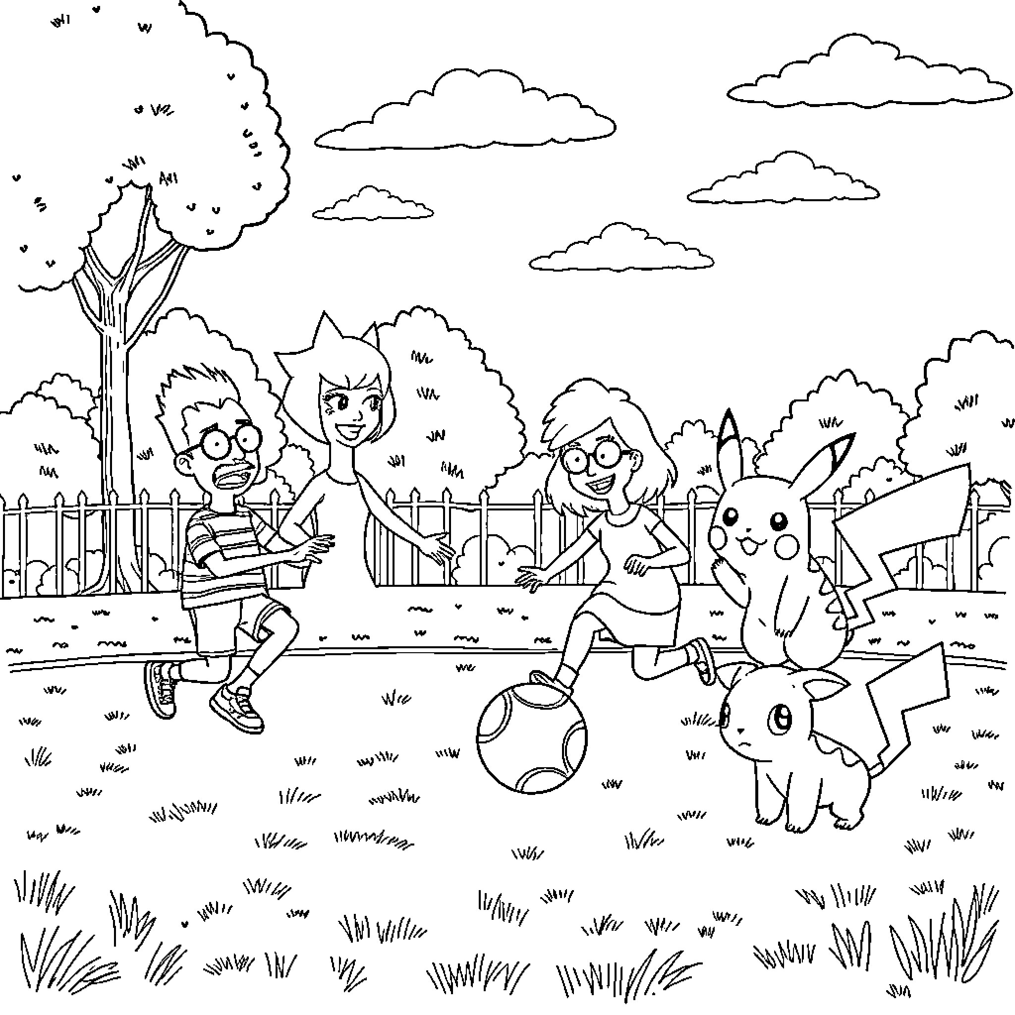 Bob's Burgers: Kids Playing Soccer in the Backyard Coloring Page (free black-and-white line drawing printable PDF for all, from beginners to advanced learners, including children, teens, adults, and seniors)